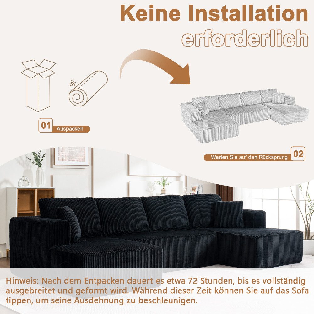 BBG Wohnlandschaft Modulares U-Sofa-3-Sitzer mit Liegefläche, Cordbezug, Federkern & Schaumstoff, 332x156 cm, ohne Montage, inkl. 6 Kissen