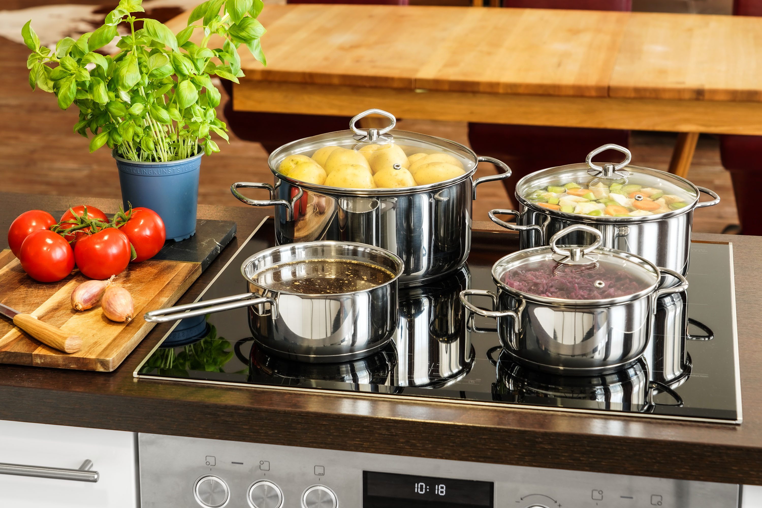 Kopf Topf-Set Merkur 4-teilig, Edelstahl (4-tlg), Induktionstöpfe mit Schüttrand, Literskala und Glasdeckel