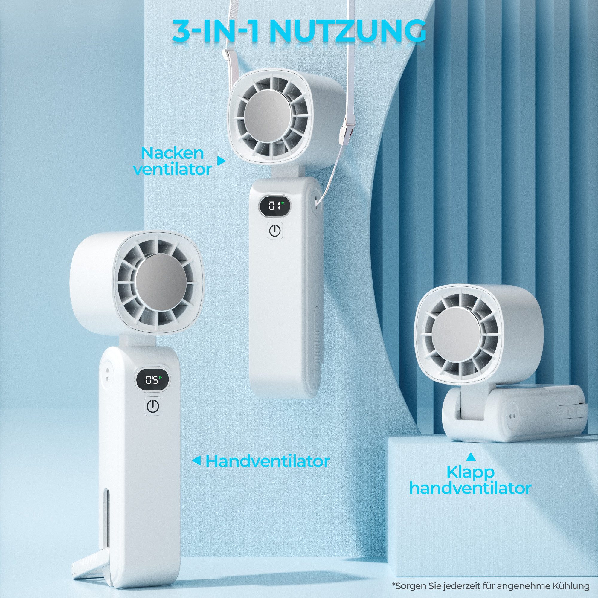 Rhein Beleuchtung Handventilator Handventilator Akku aufladbar, Mini Ventilator klein mit Turbo&Kühlung, 5 Windstufen, 13.000 U/min, bürstenloser Motor