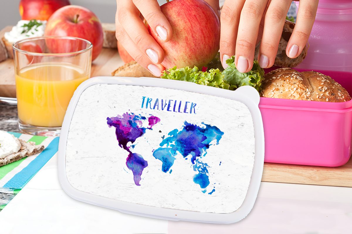 MuchoWow Lunchbox Kunststoff, - Kunststoff Snackbox, rosa Weltkarte Sprichwörter Brotbox Mädchen, Kinder, Brotdose für - (2-tlg), Erwachsene, Aquarelle
