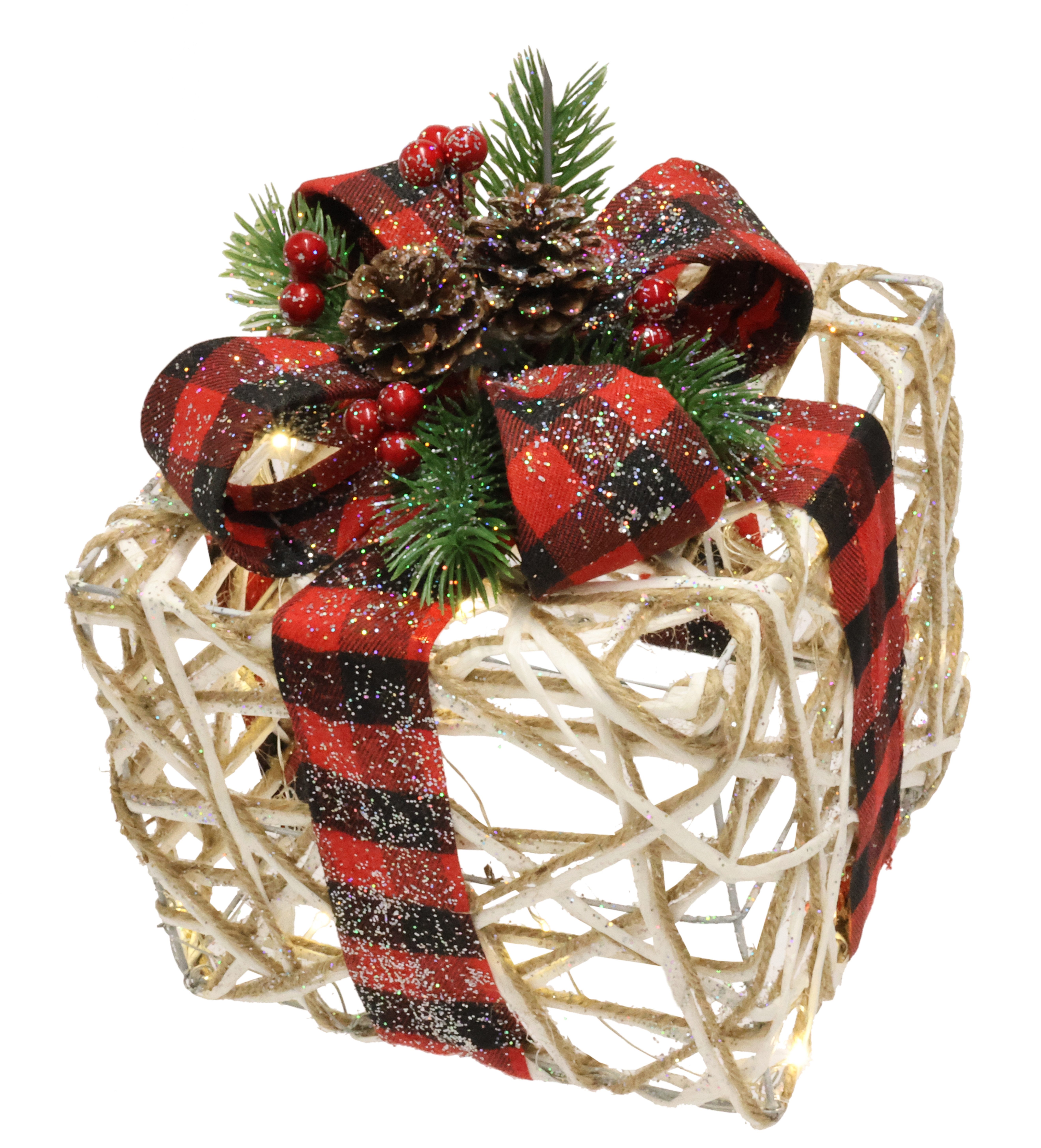 I.GE.A. Dekofigur Weihnachtsfigur Leuchtfigur LED-Geschenk mit Schleife (1 St), Geschenkpaket Schleife Tanne Beeren Zapfen Weihnachtsdeko beleuchtet