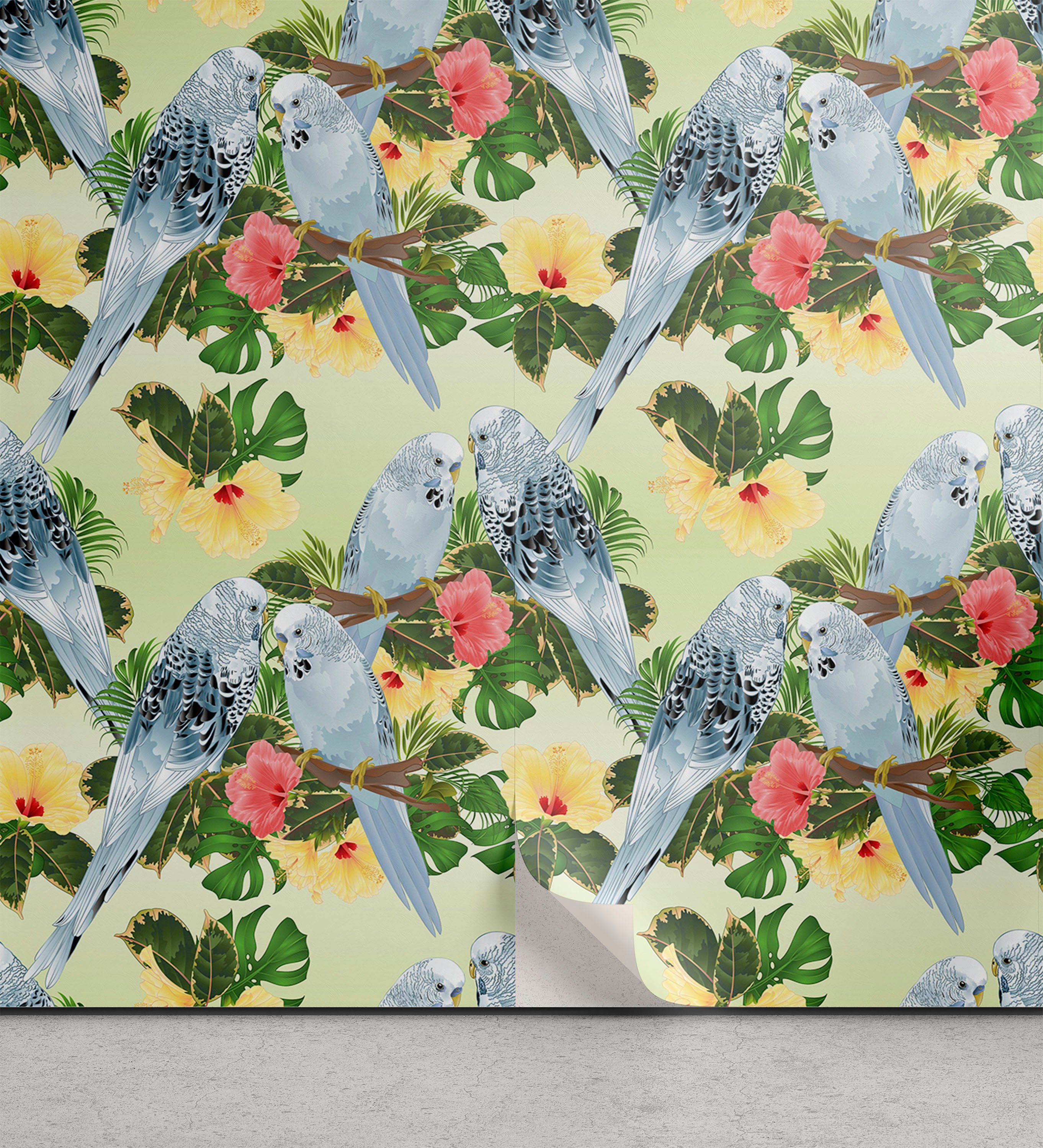 Abakuhaus Vinyltapete selbstklebendes Wohnzimmer Küchenakzent, Hibiskus Vögel Zusammensetzung Blätter