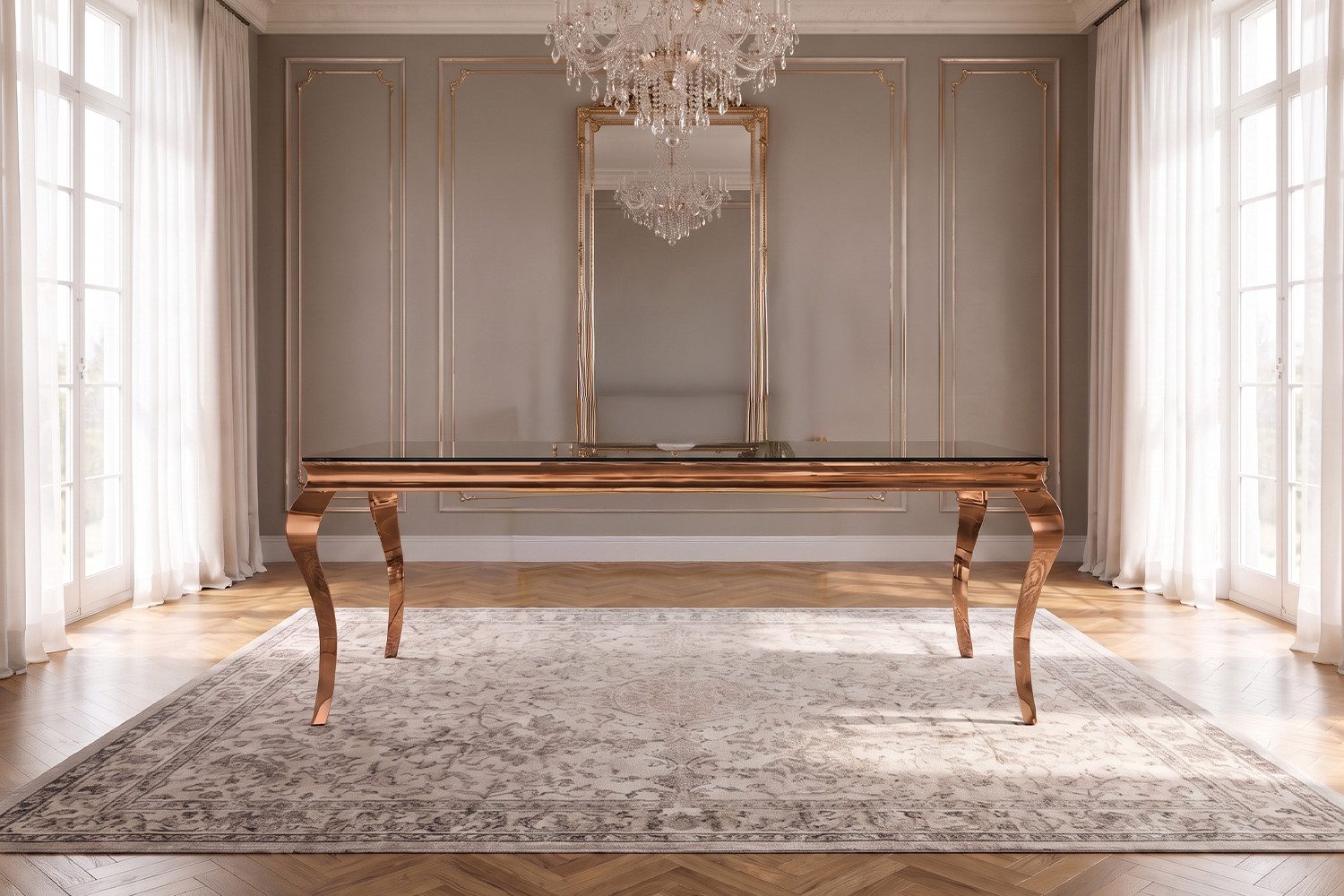 KAWOLA Esstisch AMARA Barock-Design, roségoldfarbene Edelstahlfüße, Tisch Glastisch Barock, Gestell Edelstahl rosé gold, 200x100cm