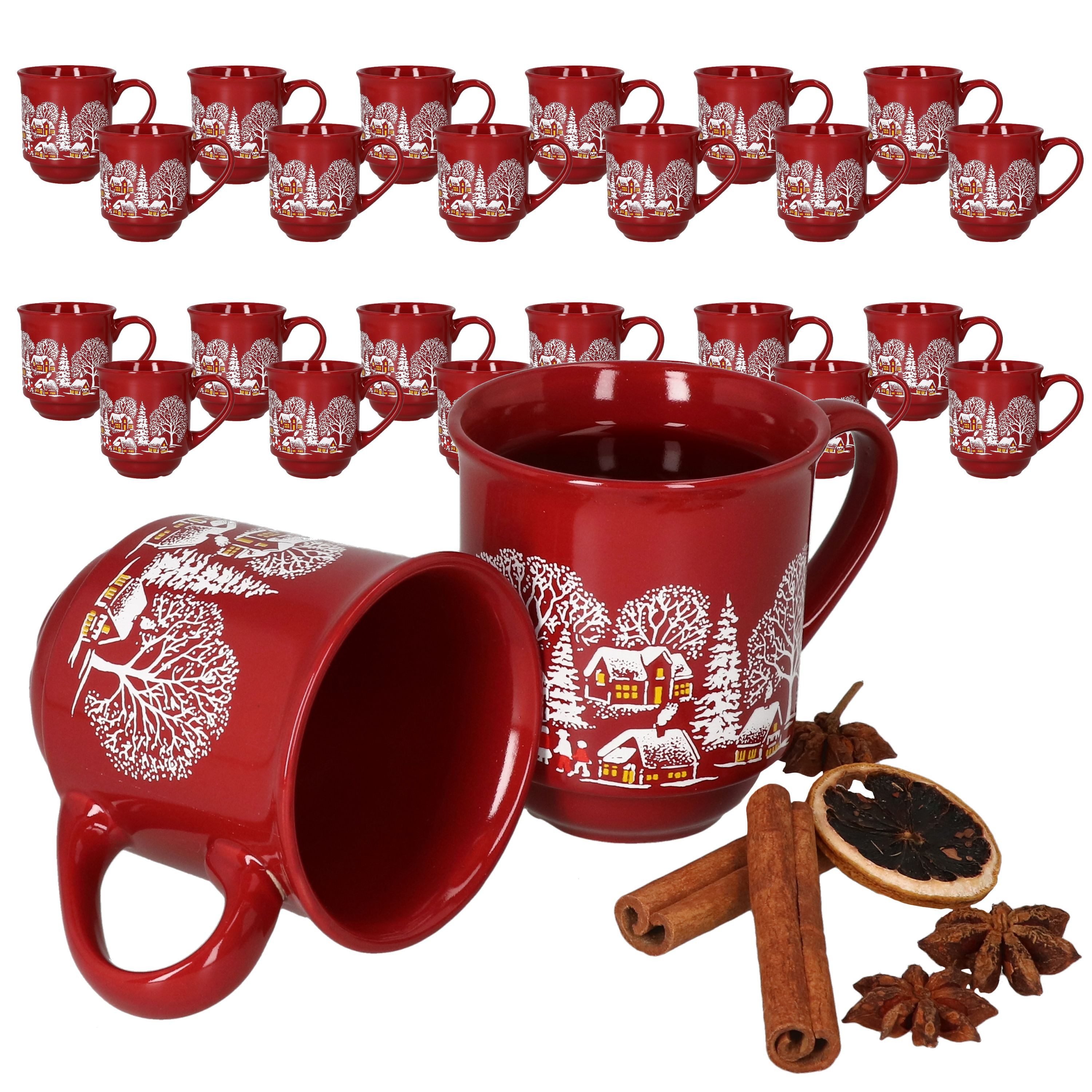 MamboCat Tasse 36er Set Glühweinbecher dunkelrot Weihnachtslandschaft 0,2L geeicht, Porzellan, Weihnachtsgeschirr, Weihnachten, Weihnachtsmarkt, Punsch