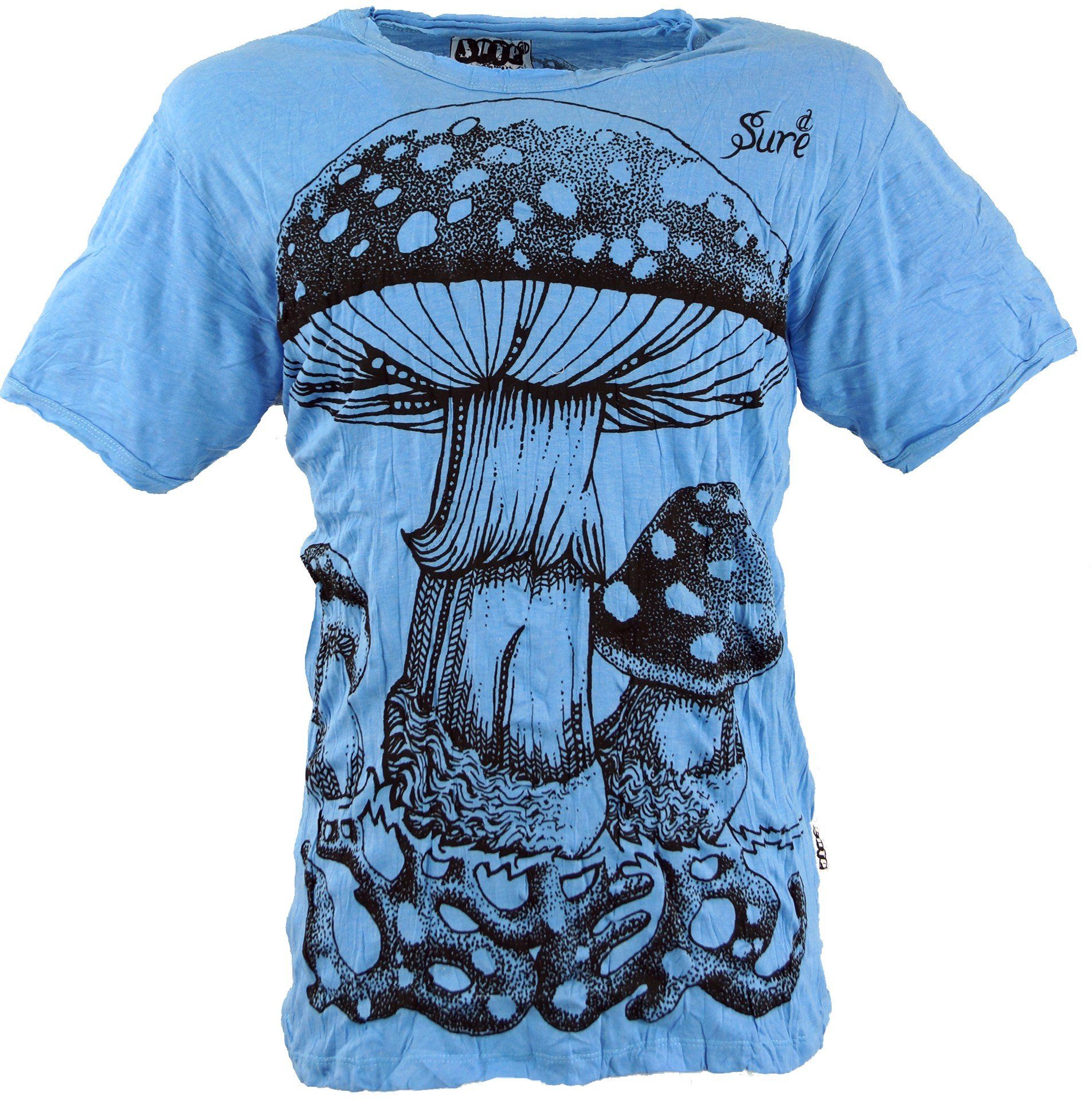 Guru-Shop T-Shirt Sure T-Shirt Fliegenpilz - hellblau Goa Style, Festival, alternative Bekleidung | T-Shirts