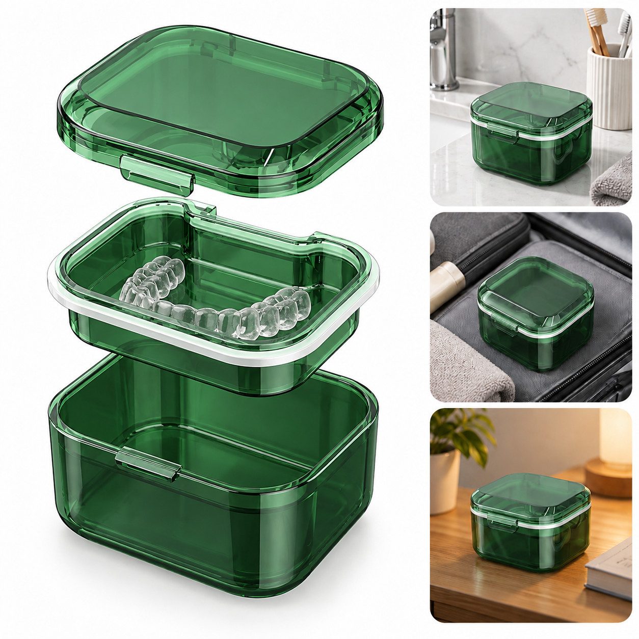ibettertec Zahndose Retainerbox mit Klappdeckel – Aufbewahrung für Zahnschiene & Aligner (Set, 1 St., Einschichtige Zahnersatz-Reinigungsbox mit Verschlussclip), Mit Sieb zum Einweichen von Prothesen, für Zahnspangen und Schiene