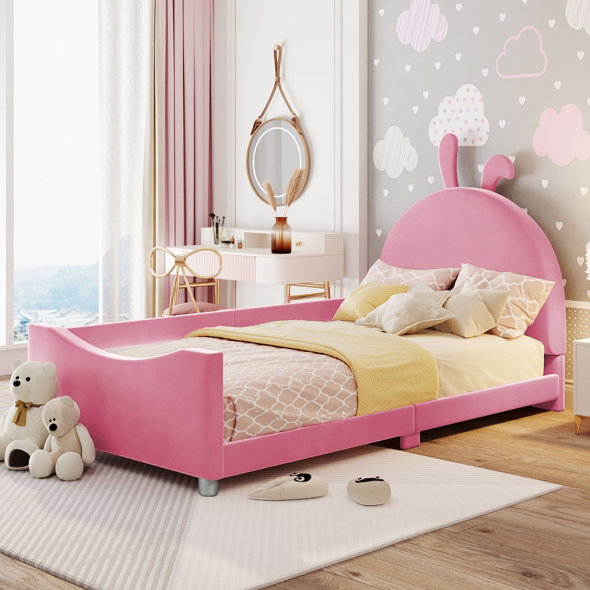 REDOM Matratze Armlehne ohne Einzelbett, (90*200cm, Bett Bettgestell rosa Flanell Eltern-Kind-Bett), Kinderbett mit Gästebett Rückenlehne Polsterbett