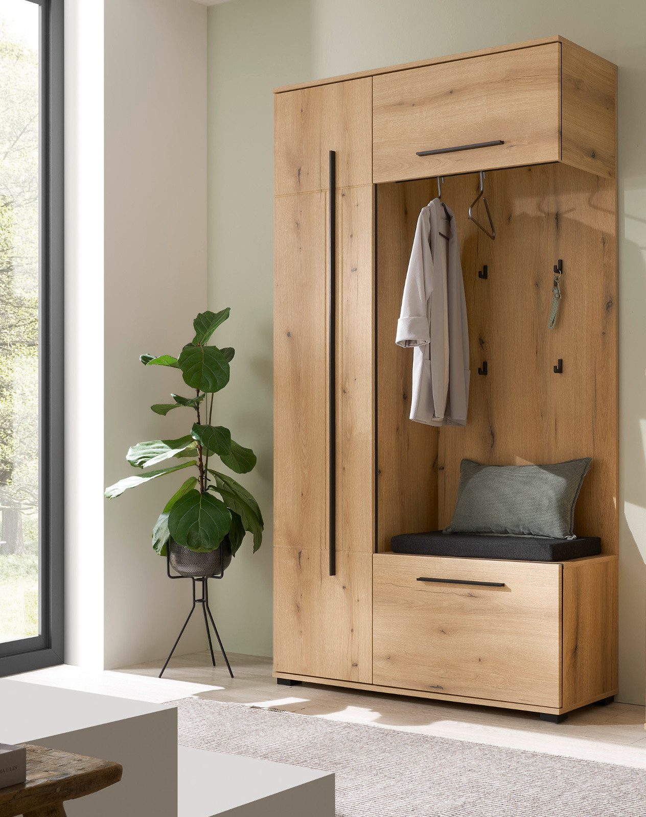 Furn.Design Kompaktgarderobe Design-D (Garderobe Komplett-Set in Evoke Eiche, 111 x 200 cm) viel Stauraum auf wenig Fläche, mit Soft-Close