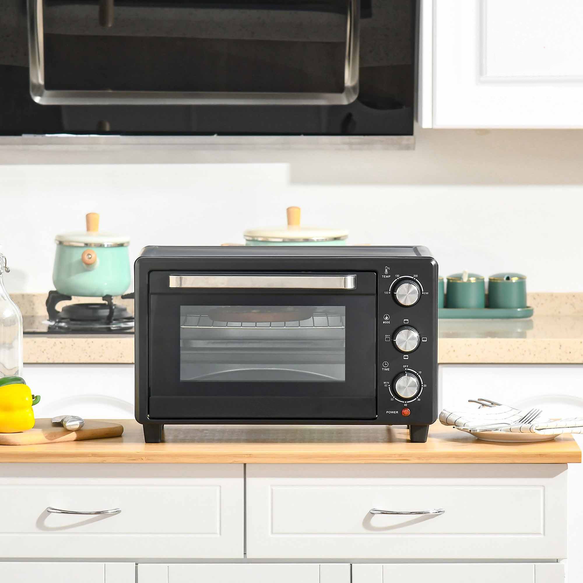 HOMCOM Minibackofen Backofen 10 L 750W 100-230℃ mit Backblech Pizza-Ofen, zum Grillen, Backen, Toasten, Schwarz