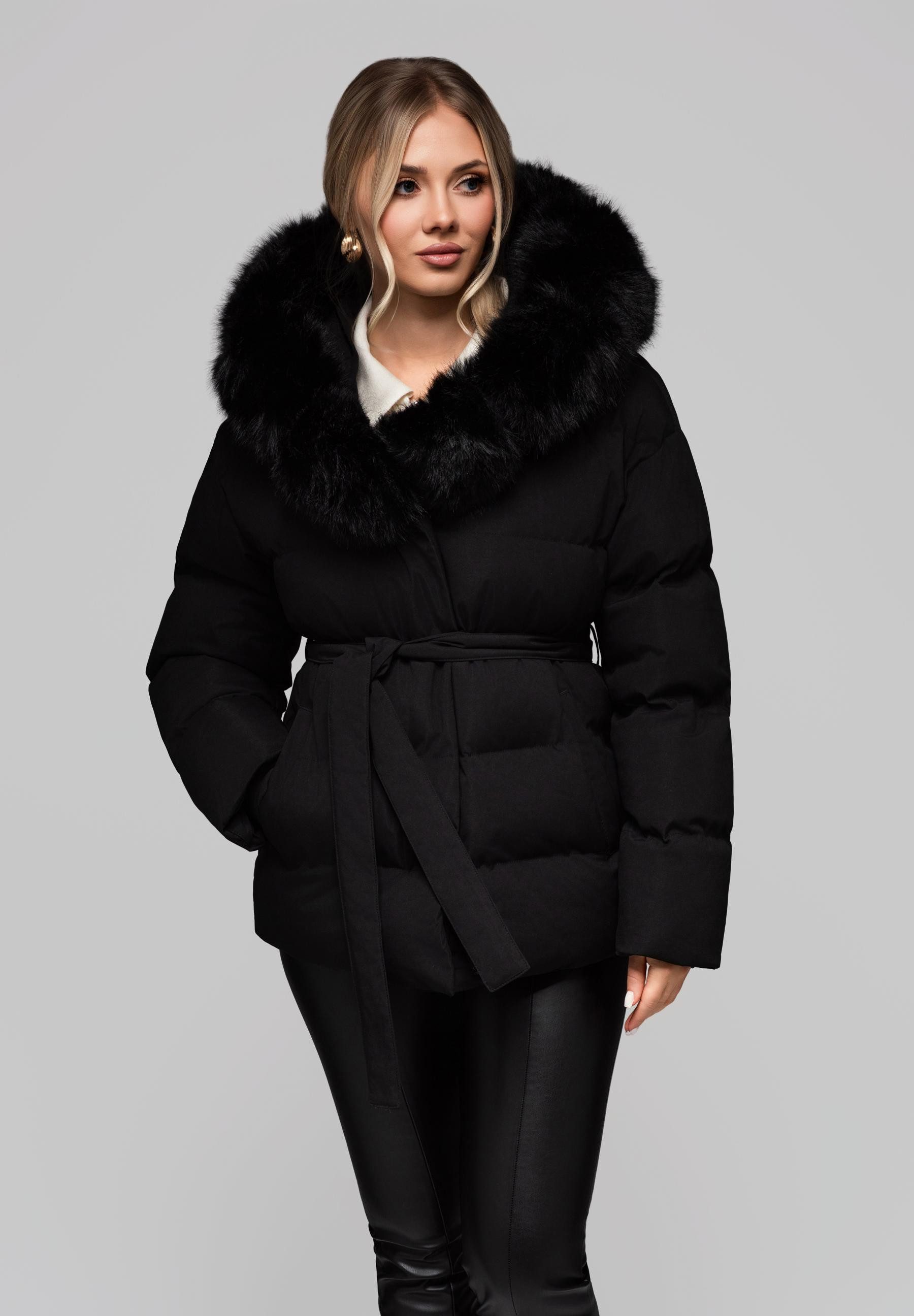 OMBRE Winterjacke Warme Damen Steppjacke mit Gürtel und abnehmbarem Kunstpe günstig online kaufen