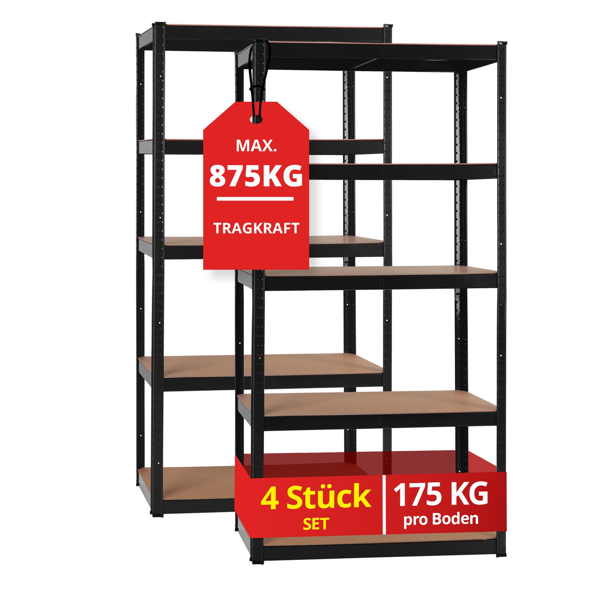 Stagecaptain Schwerlastregal Lagerregal - 5 variabel montierbare Böden - auch als Werkbank umbaubar, 4er Spar-Set 4-tlg., Tragkraft pro Boden: 175 kg, gesamt 875 kg