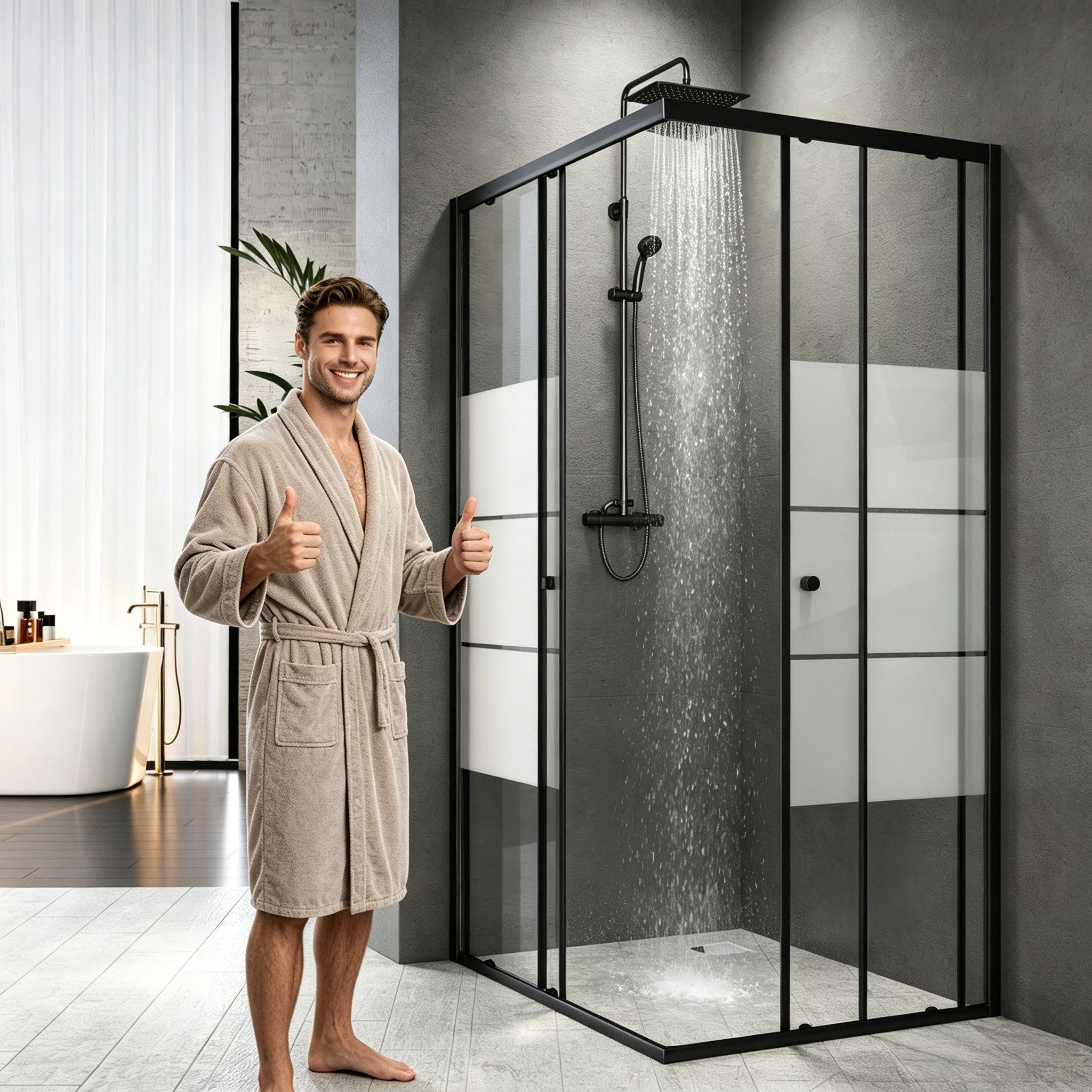 Boromal Eckdusche Duschkabine Duschabtrennung Schiebetür Schwarz Milchglas H:185cm, BxT: 75x75 cm, 5mm Sicherheitsglas, Eckeinstieg Duschwand für Dusche, Alu-Ra – Bild 2 von 5