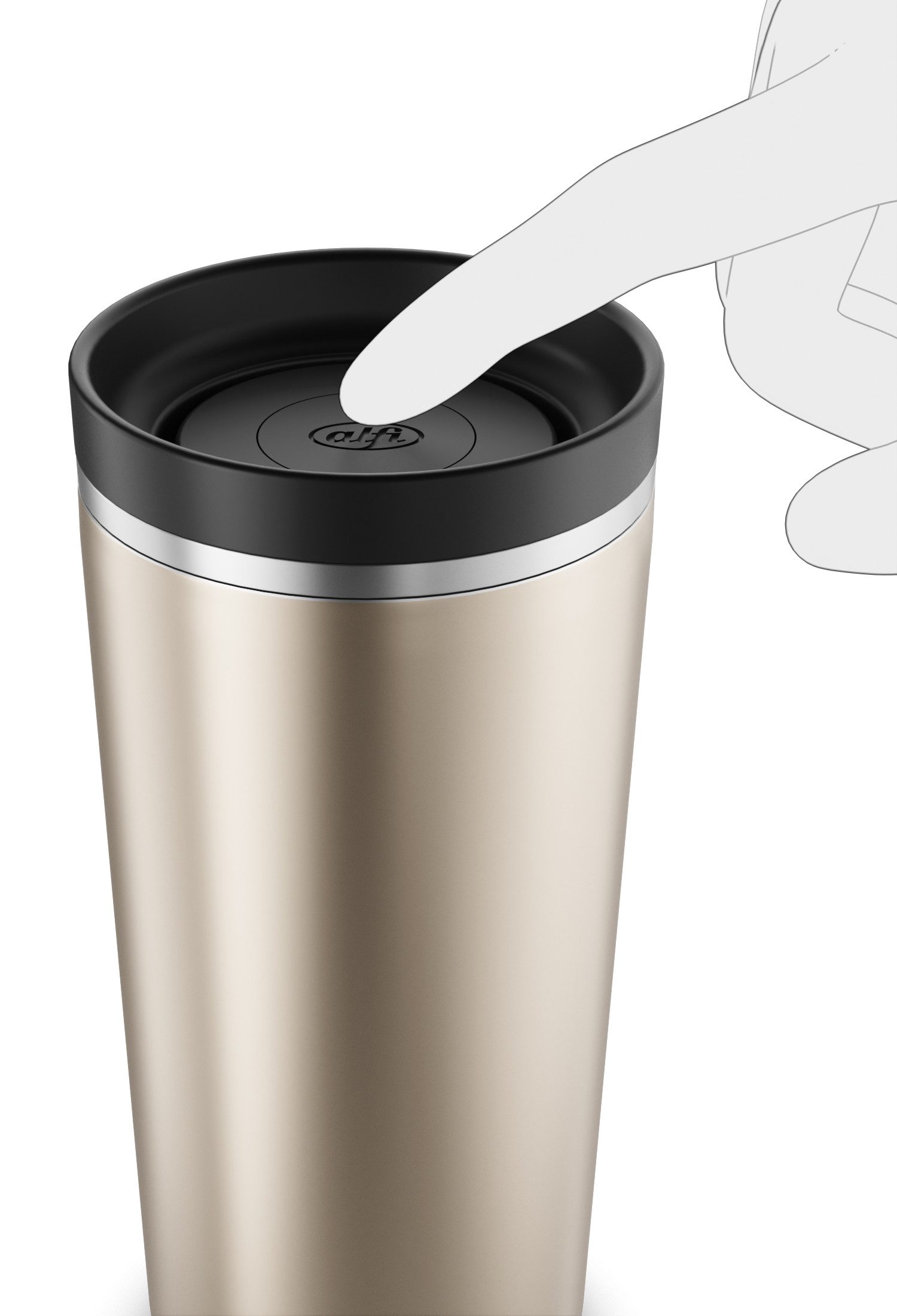 Alfi Thermobecher ISO COFFEE MUG PRO, absolut dicht, spülmaschinenfest, 1-tlg., Edelstahl, Kunststoff, Silikon, 0,38l, 6h heiß & 12h kalt, mit Druckknopf & Teebeutel-Aufhänger