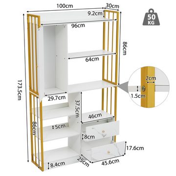 Fangqi Bücherregal mit Türen und Schubladen Boden bis zur Decke Bücherregal, Stahlregal, industrielle Bücherregal, antik braun/weiß marmoriert mit Goldrahmen