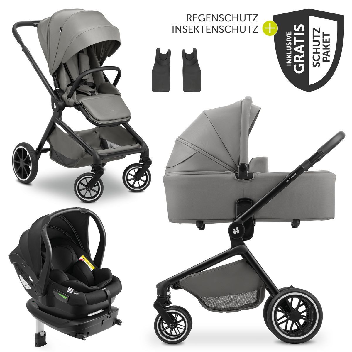 Hauck Kombi-Kinderwagen Move N Care Trio Set - Dark Grey, 4in1 Kinderwagen Set mit Babywanne, Babyschale, Isofix Base & Zubehör