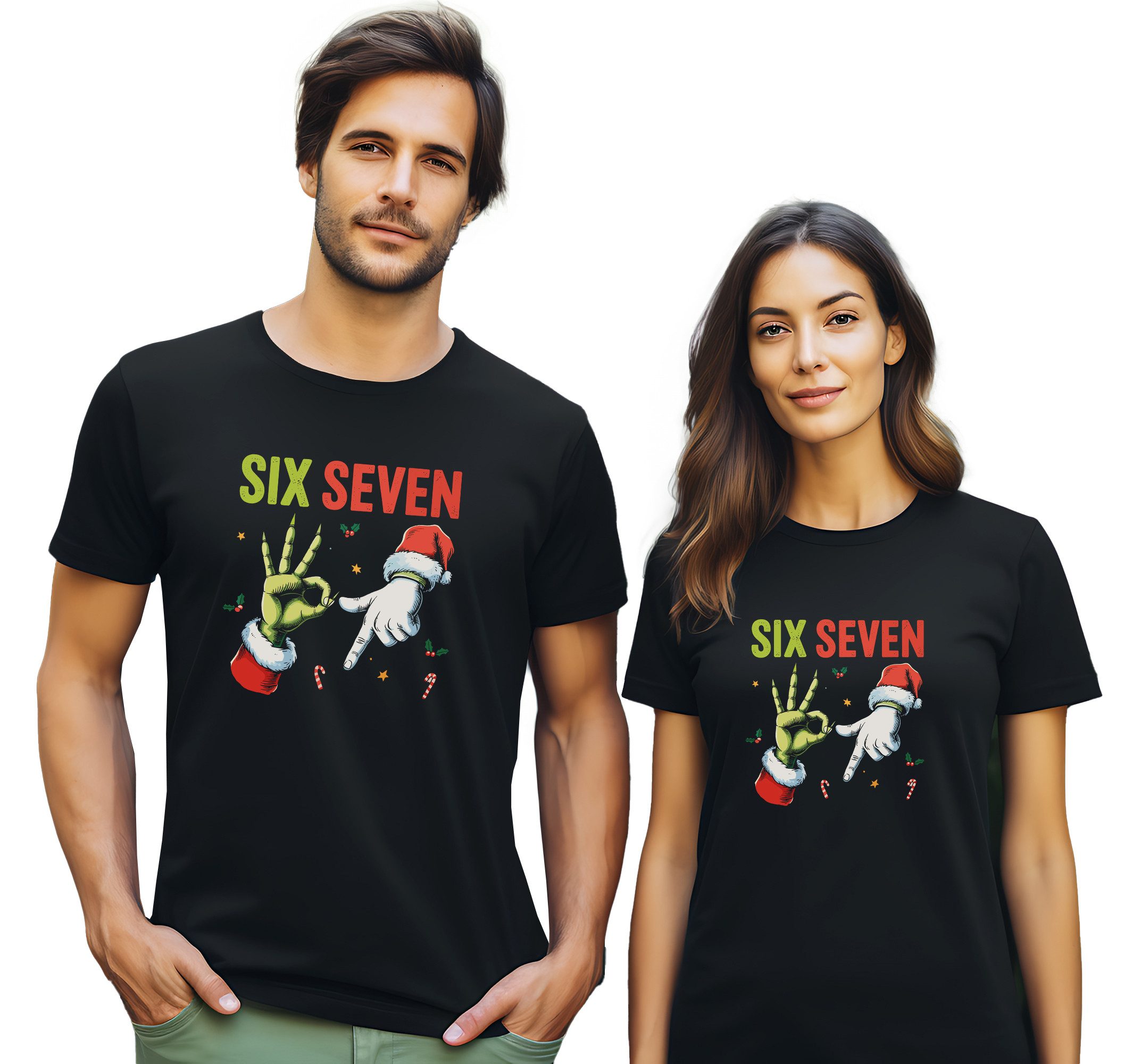 MyDesign24 T-Shirt Six Seven 6 7 print Shirt Weihnachtsshirt Katzen T-Shirt schwarz kurzarm Regular Fit i777