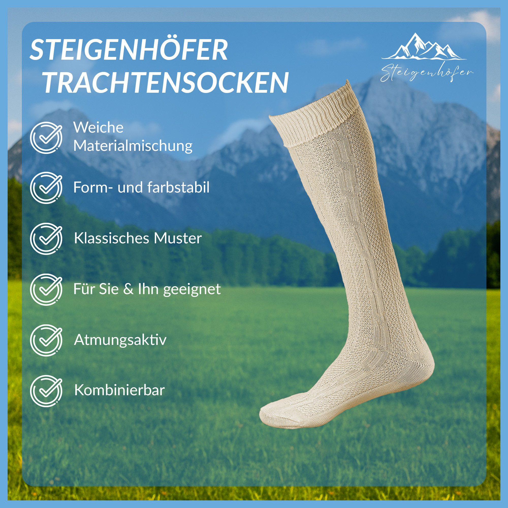 Steigenhöfer Manufaktur Trachtensocken für Herren und Damen – Socken mit Zopfmuster und Edelweißanstecker Oktoberfest Strümpfe aus Baumwolle für Männer & Frauen