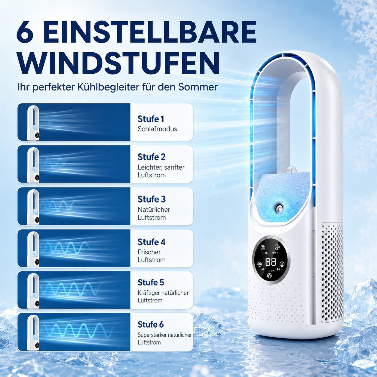 MOPUEA Turmventilator Verstellbarer Tischventilator mit 6 Geschwindigkeiten, Schnelle Kühlung, Leiser Betrieb, Tragbarer Flügelloser Ventilator