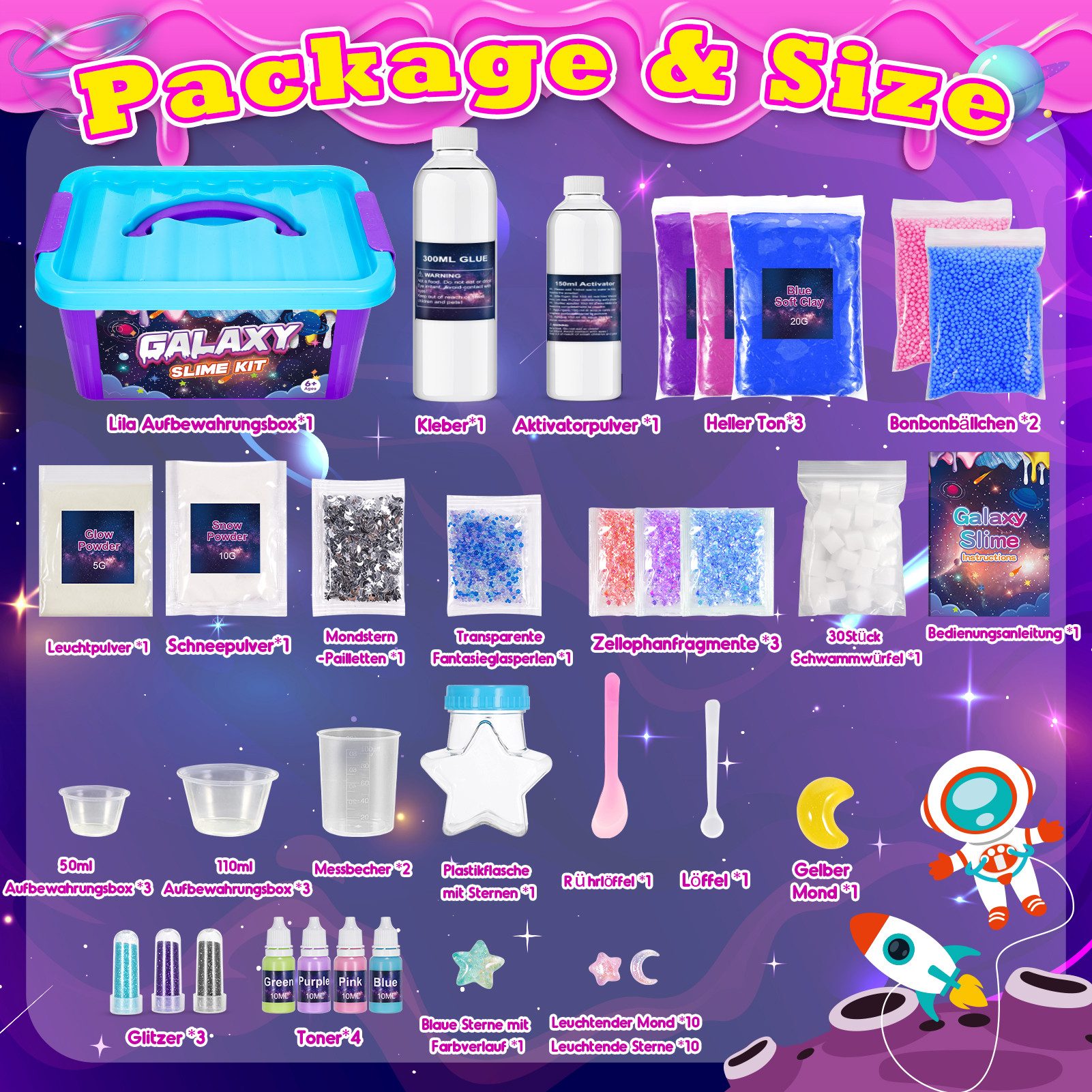 Wootoy Kreativset Experimentierkasten Schleim Bastelset Galaxy Einhorn DIY Slime Kit, (mit Glitzer Perlen und Zubehör zum Kreativen Gestalten, 1-tlg., Schleim-B – Bild 4 von 5