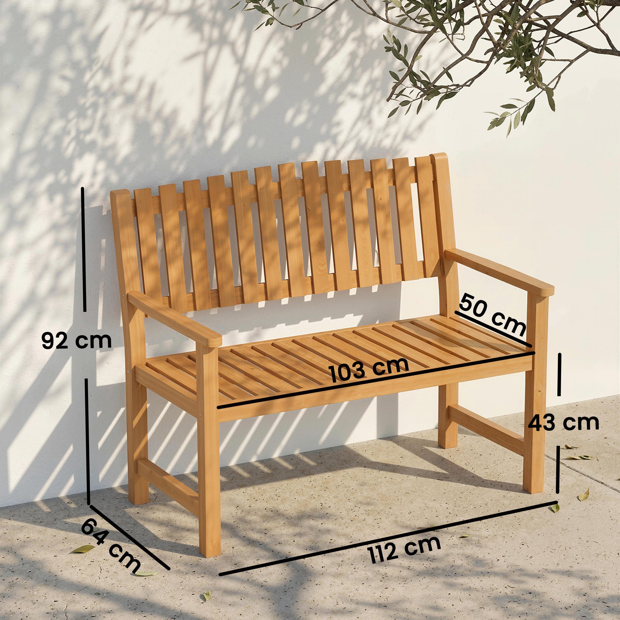 Outsunny Gartenbank Holz Sitzbank mit Lamelldesign Armlehnen, Akazienholz bis 320kg (Balkonbank, 1-St., Holzbank), für Garten Balkon Terrasse 112 x 64 x 92 cm Naturholz