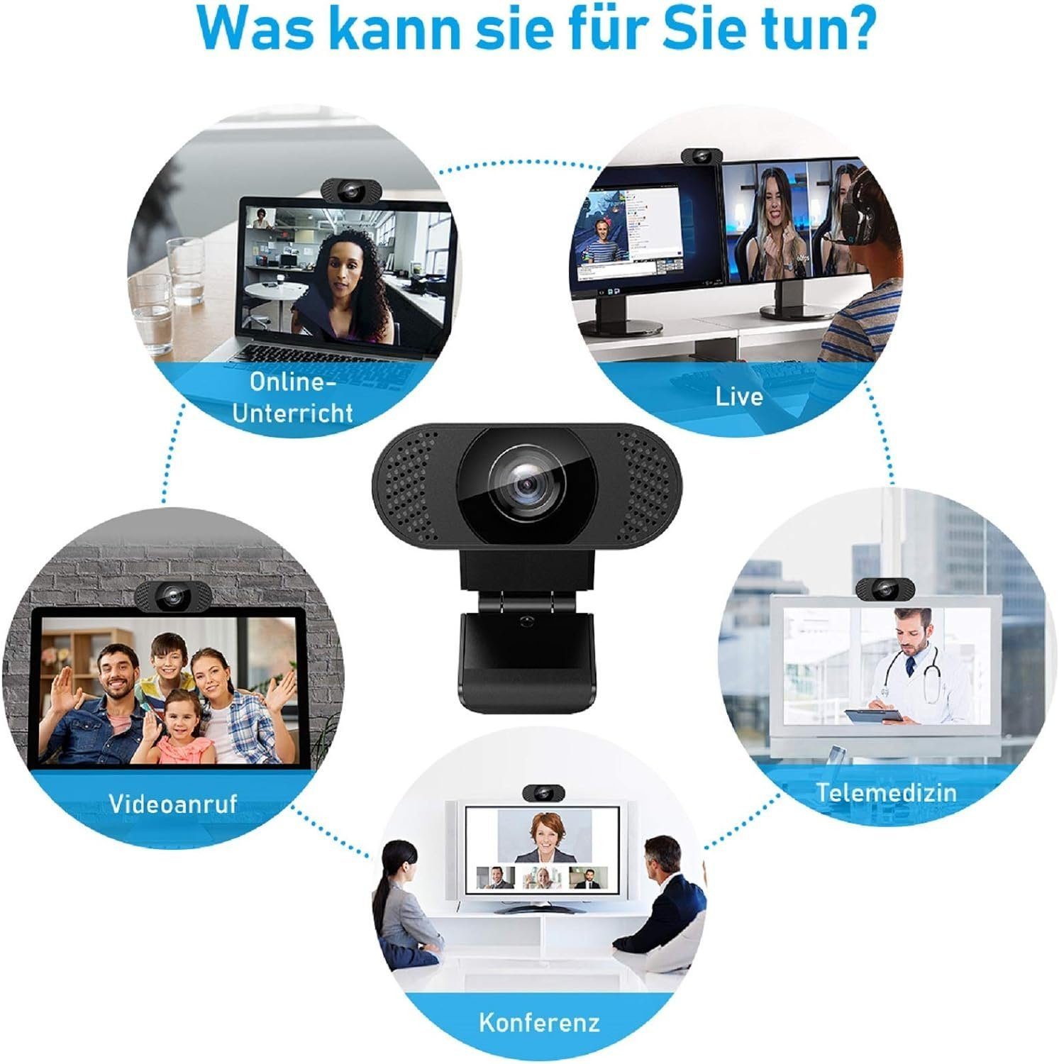 Diyarts Full HD-Webcam (Full HD 1080P, USB 2.0 (kabelgebunden), Full HD 1080P Webcam mit Mikrofon, 90° Weitwinkel, Plug & Play)