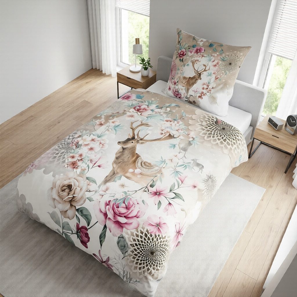 Traumschloss Bettwäsche Comfort Baumwolle, Flanell, 2 teilig, winterlicher Hirsch mit Mandalas und Blumen – Bild 3 von 5