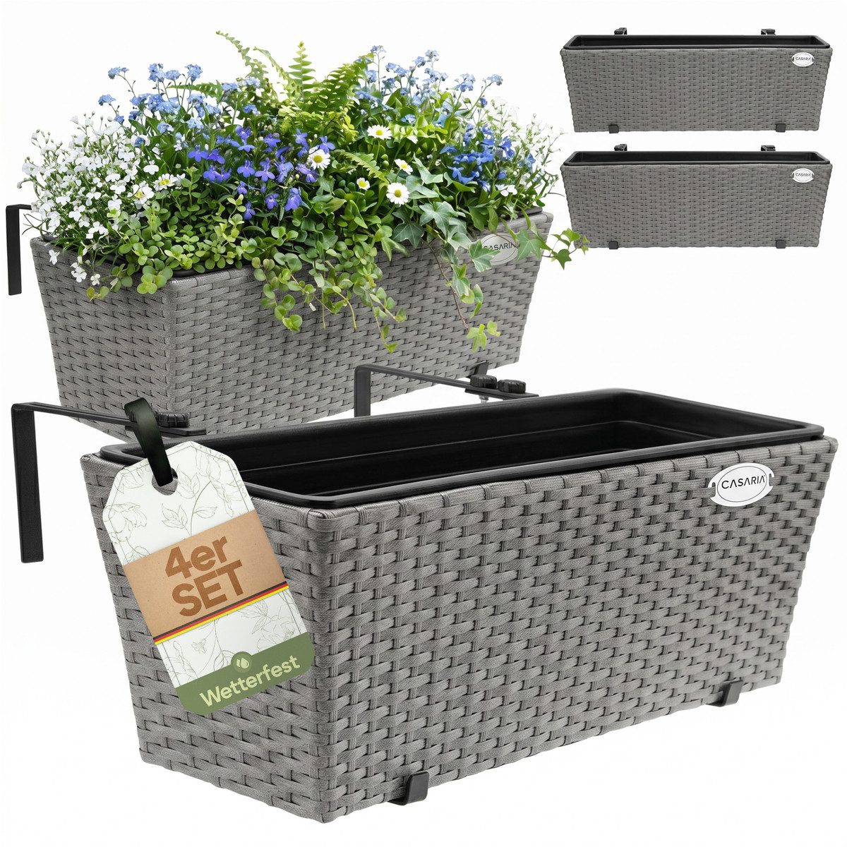 Casaria Blumenkasten, 4er Set 11 Liter Montagehalterung Indoor Outdoor Geländerkasten