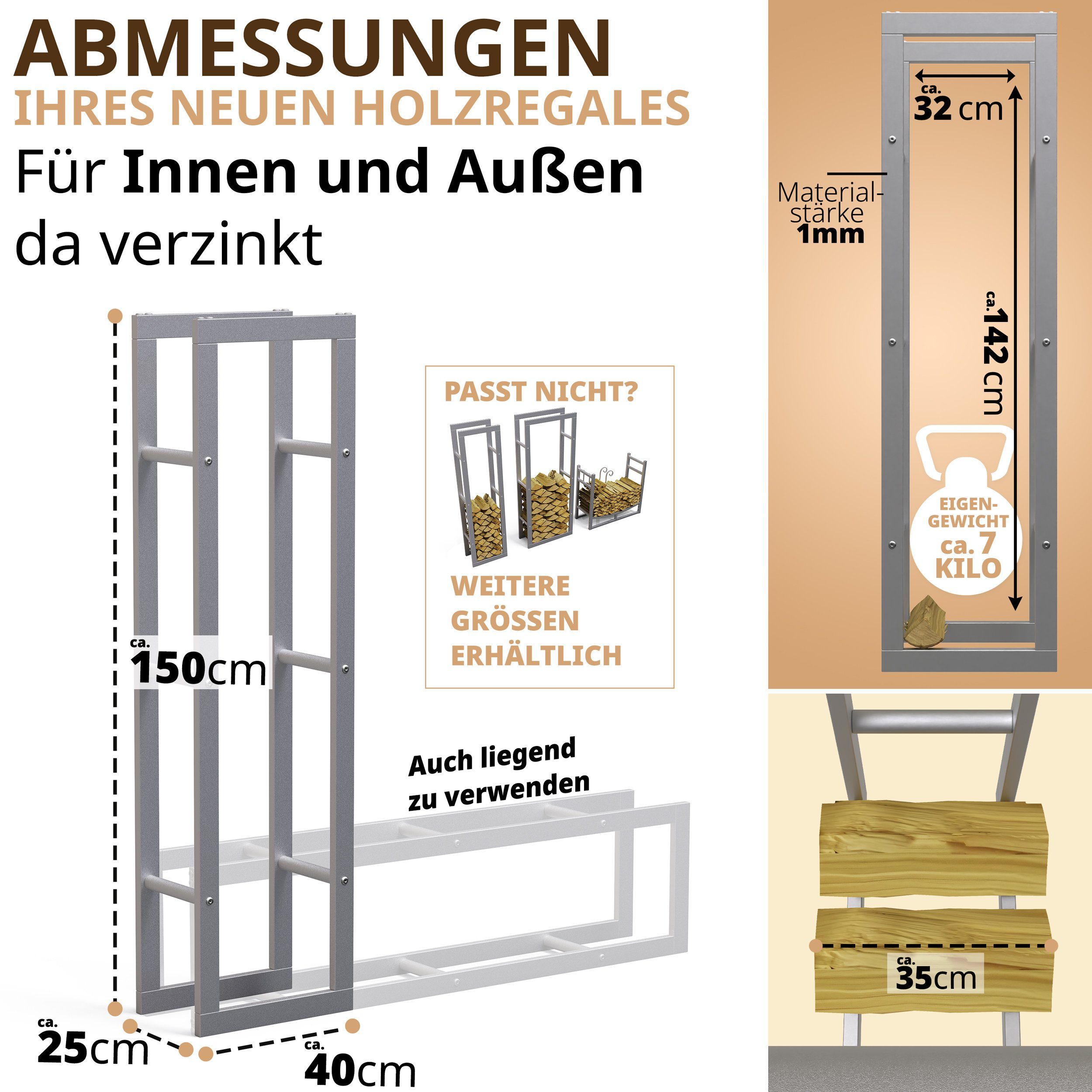 LAWA Living and Lifestyle Kaminholzregal innen und außen Metall VERZINKT für Brennholz hoch, BxTxH:40x25x150 cm, galvanisiert, pulverbeschichtet, stehend und liegend, SILBER