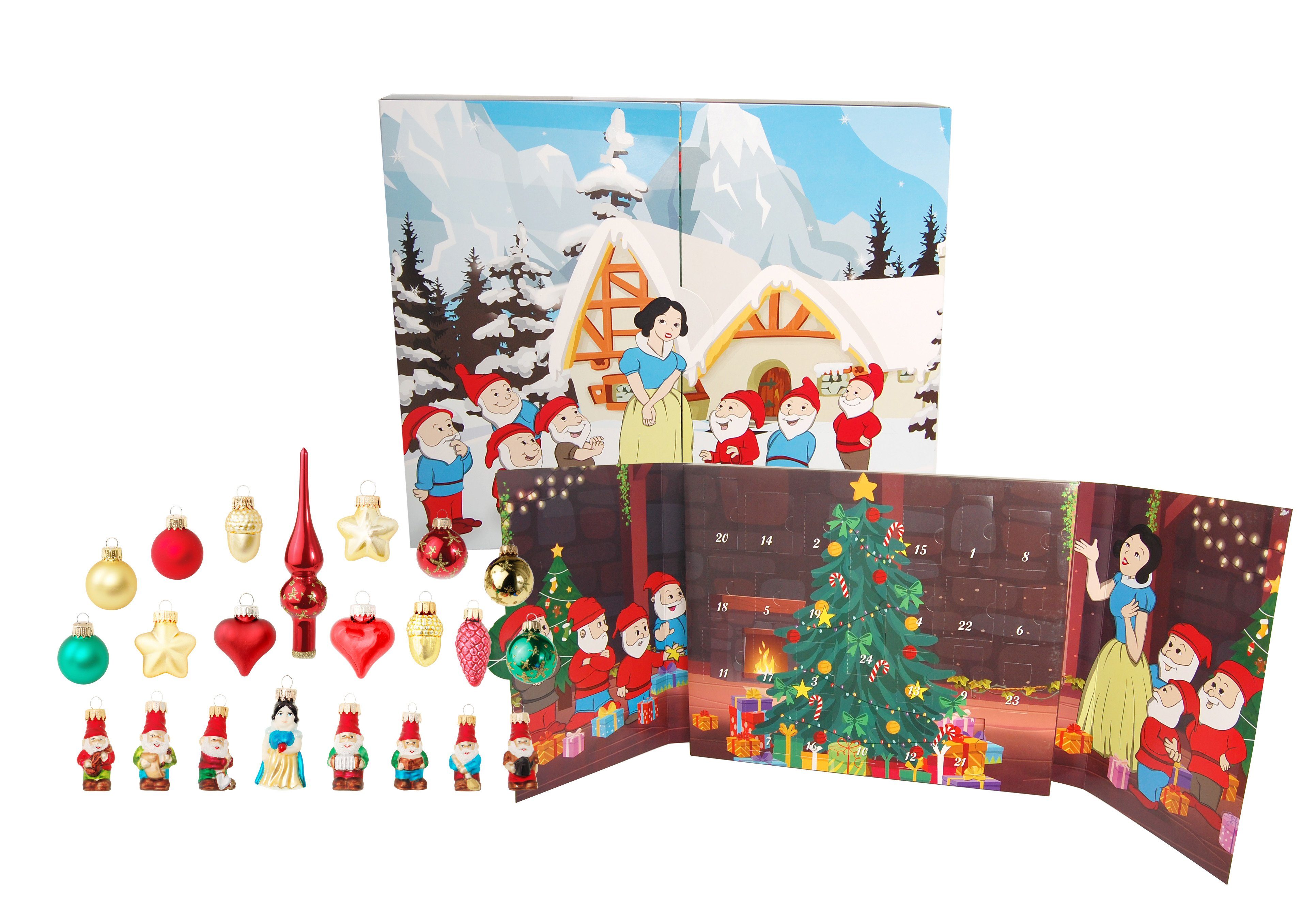 Krebs Glas Lauscha Christbaumschmuck Mini (24-tlg) Figuren Adventskalender, (Schneewittchen 7 8 Märchen + Zwerge)