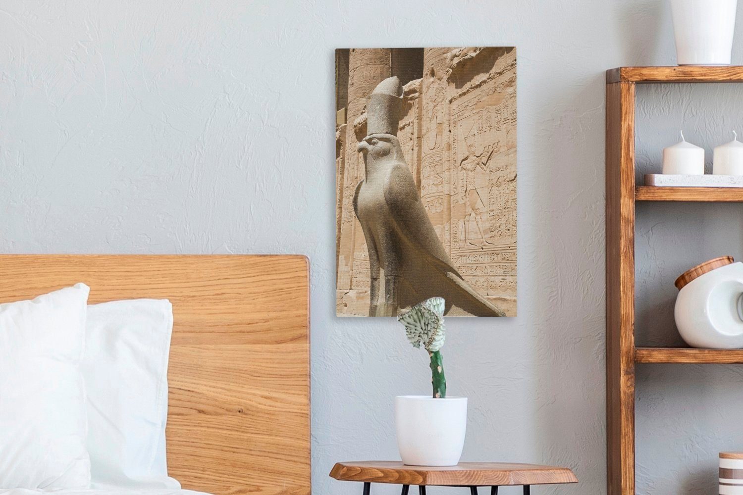 des Statue St), fertig Leinwandbild 20x30 (1 OneMillionCanvasses® Gemälde, inkl. Tempel Eine Leinwandbild im bespannt Horus, Zackenaufhänger, cm