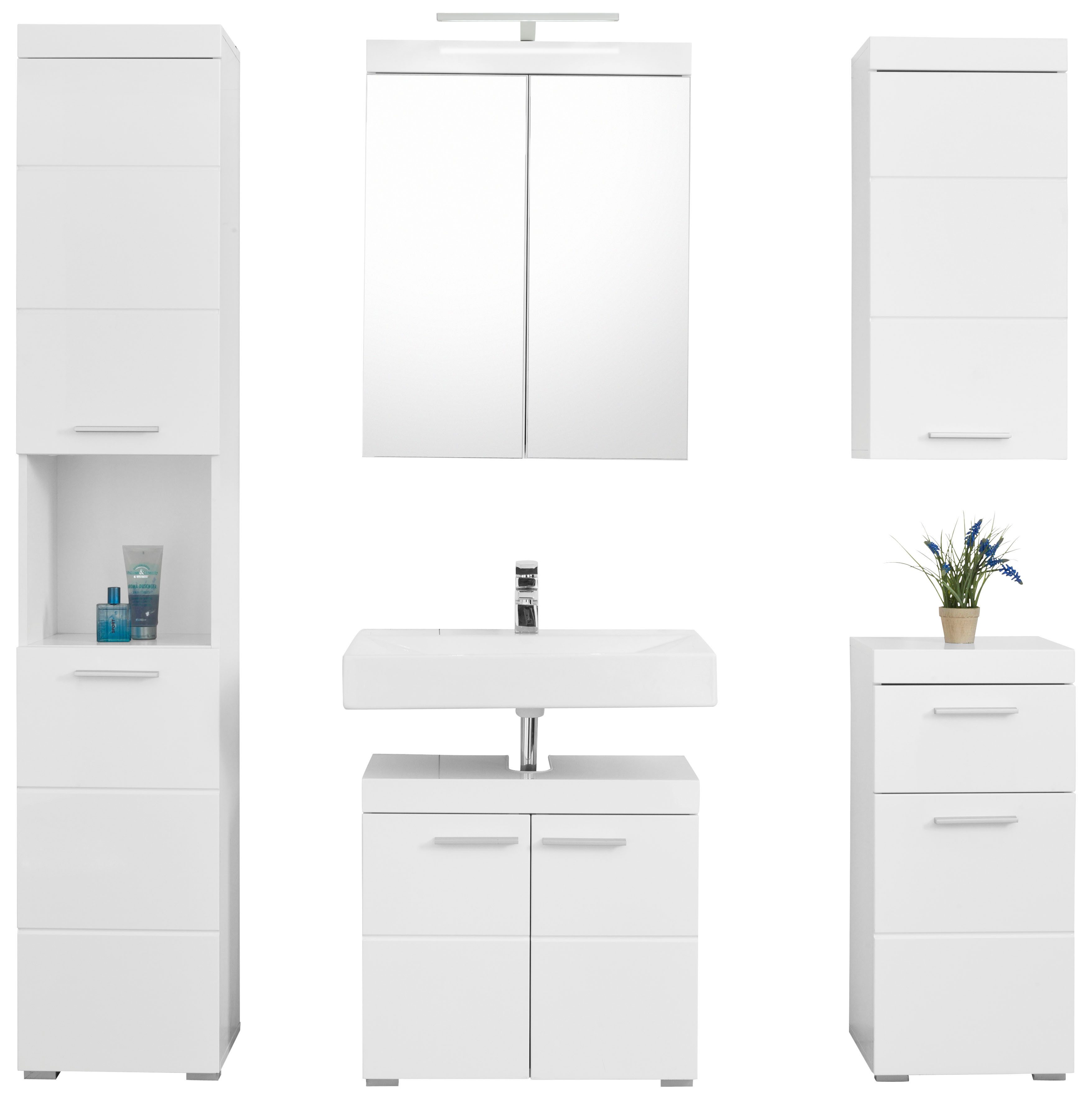 welltime Badmöbel-Set Avena, (Set, 5-St), Hochschrank, WBU, Spiegelschrank, Kommode, Hängeschrank u. Beleuchtung