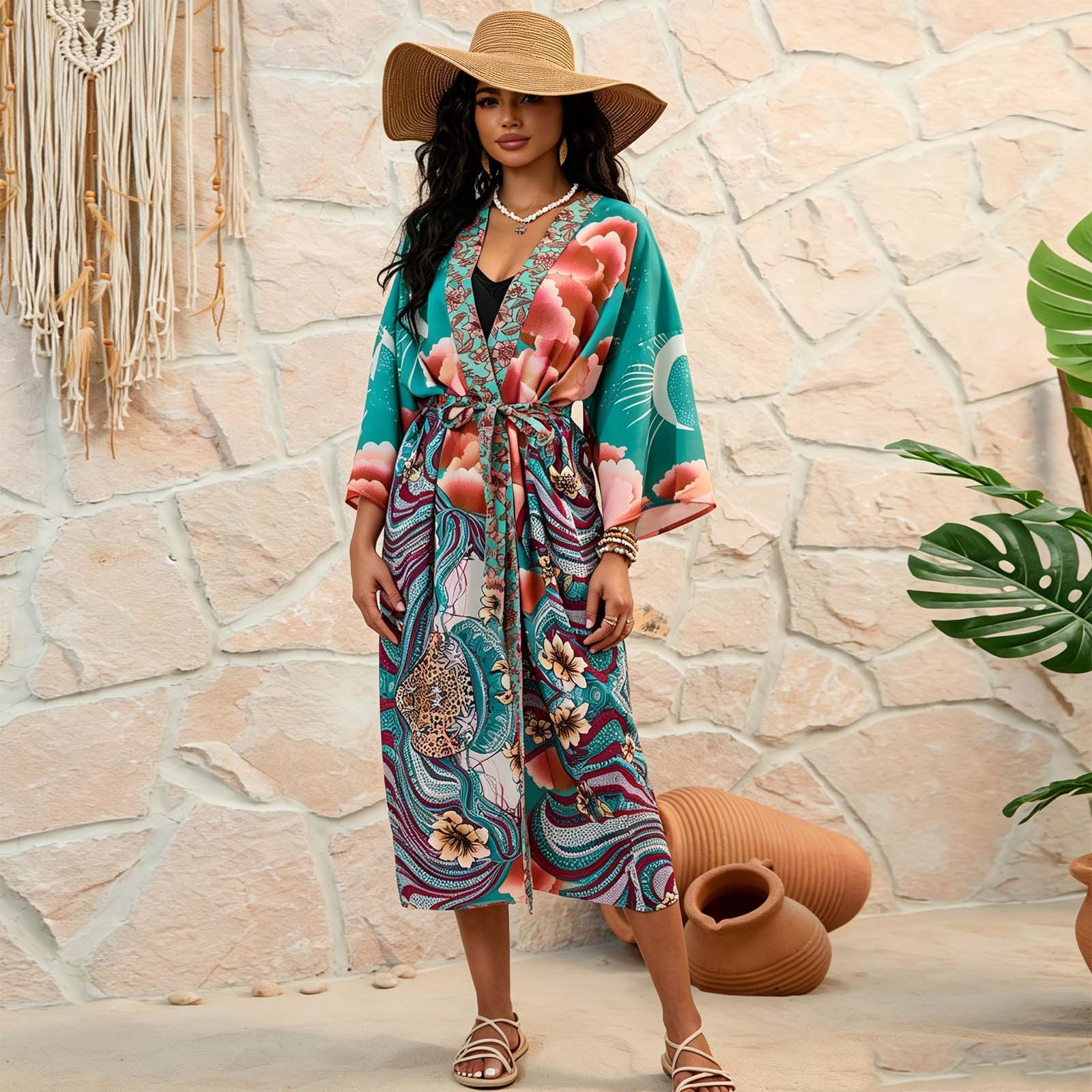 MOPUEA Kimono Strand Kimono Damen lang Boho Sommer Überwurf mit inklusive Ohrringe, Leicht, atmungsaktiv, locker geschnitten, schnell trocknend