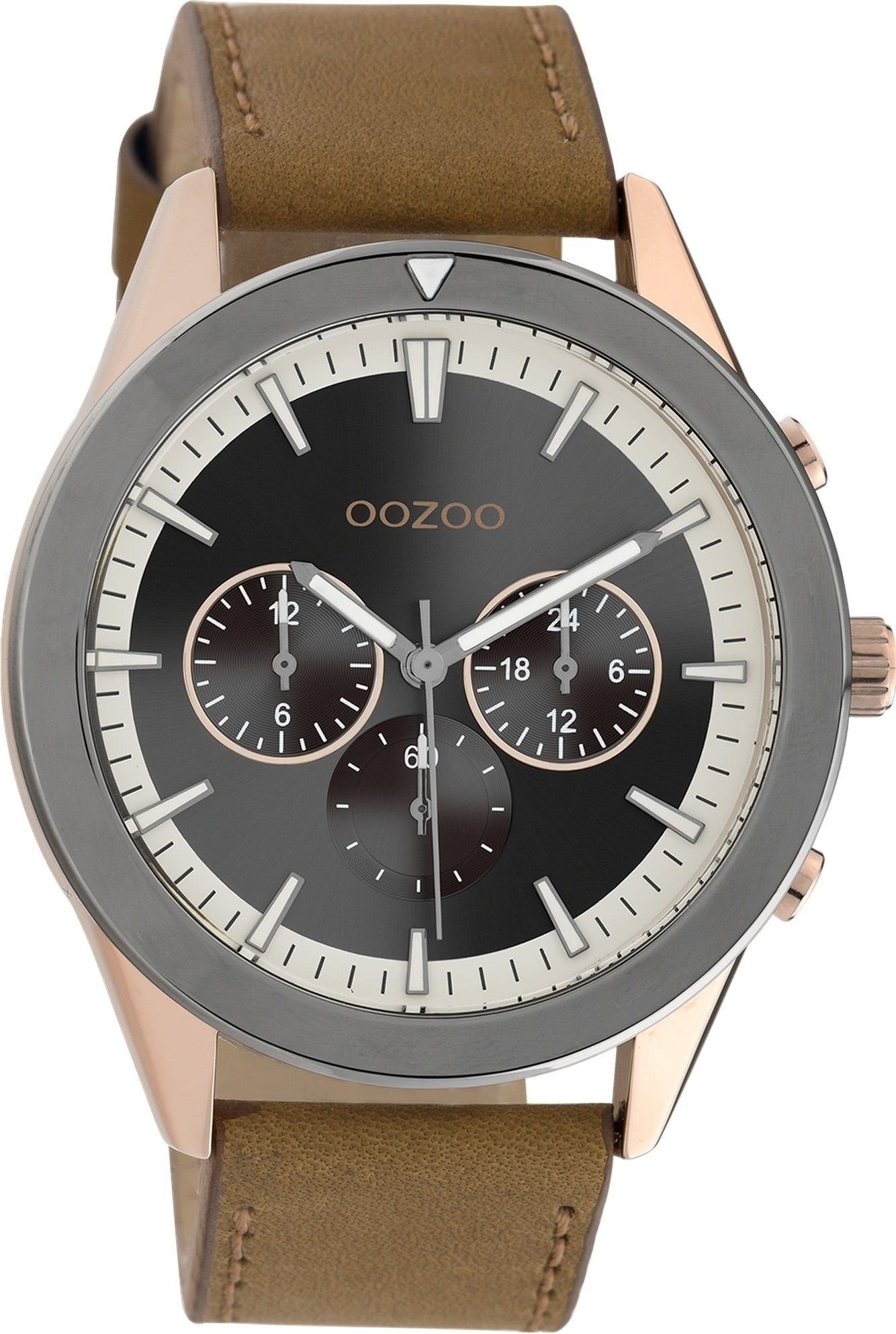 braun Herrenuhr OOZOO rund, Analog, Zeiger Sport-Style, 45mm) Oozoo Armbanduhr Lederarmband, Quarzuhr Herren silberne (ca. groß