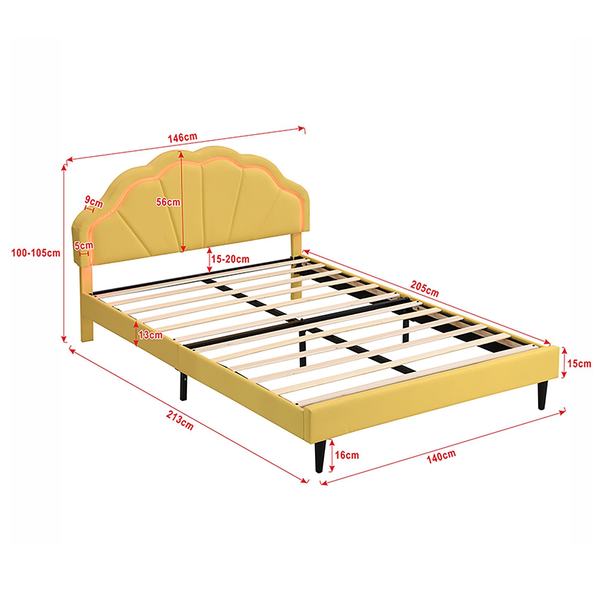140*200cm Bett Doppelbett gelb (flächiges Matratze LED-Leuchten Schwebebett Gepolsterter Doppelbett-Gästebett, Polsterbett Kopfteildesign), REDOM Funktionsbett und Rahmen,mit ohne