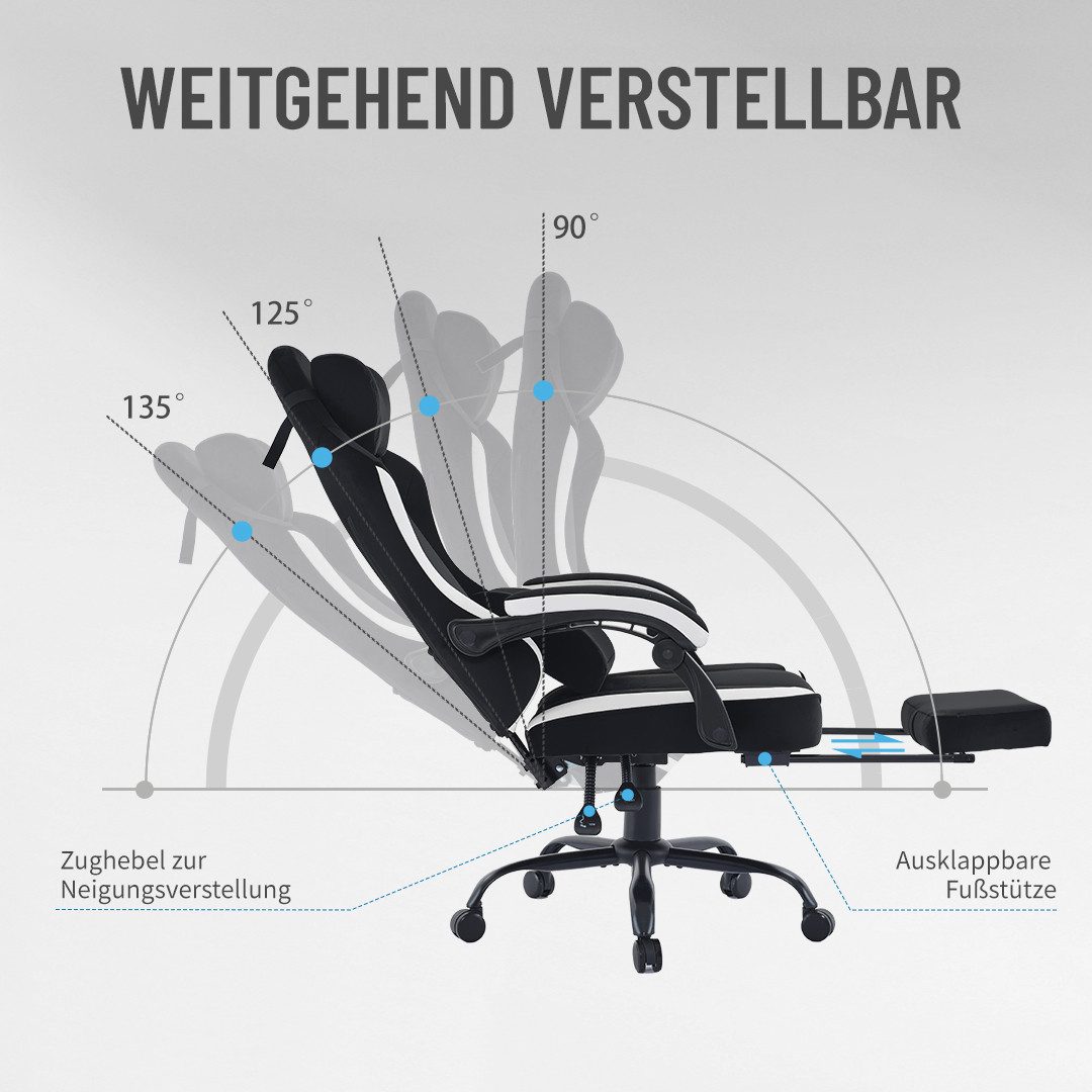 PixelPilot Gaming-Stuhl Ergonomischer Gaming-Stuhl, breite Sitzfläche, Fußstütze, bis 150 kg, Atmungsaktiver Stoff, Ergonomisches Design
