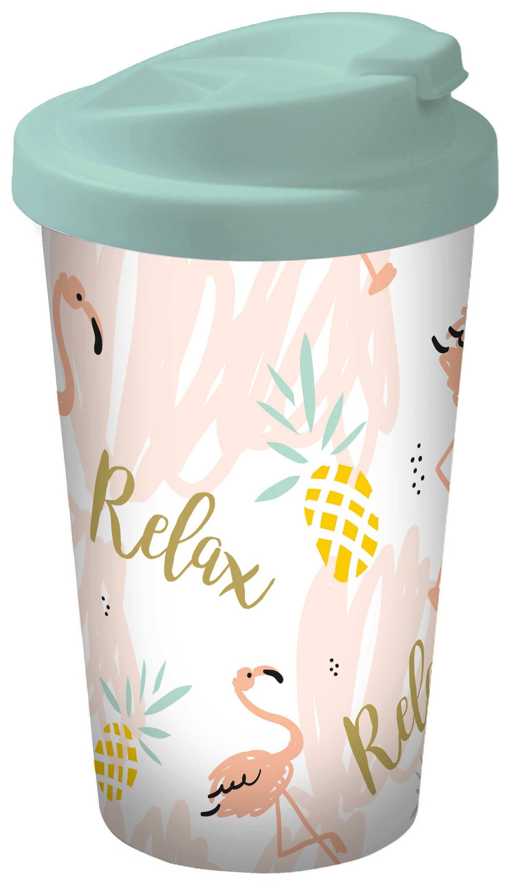 Geda Labels GmbH Coffee-to-go-Becher Flamingo Relax, PP, Grün, 400 ml, doppelwandig, auslaufsicher