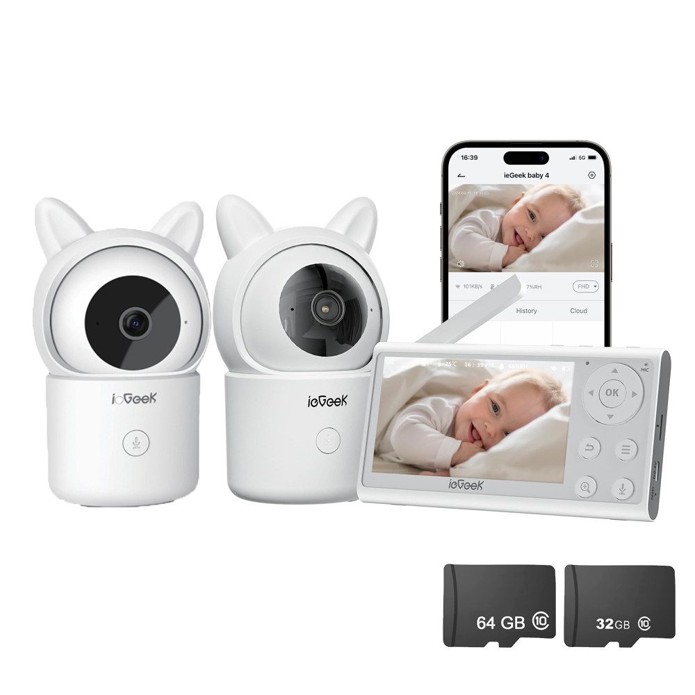 Video-Babyphone Babyphone mit 2 Kameras App 1080P/4,3 Zoll WLAN Video Babyfon PTZ 355°