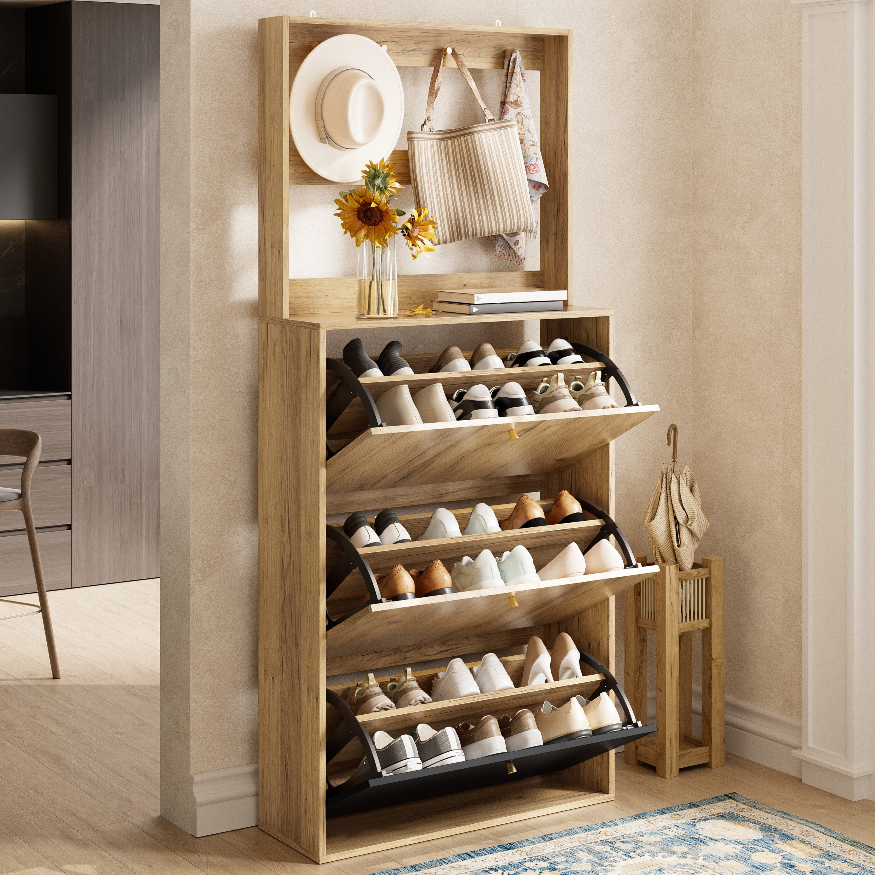 Flieks Schuhschrank mit Haken, 3 klappbaren Aufbewahrungsfächern (1-St., B75/T24/H180 cm) Schuhkommode mit 3 Klappen Schuhregal Schuhkipper Holzoptik