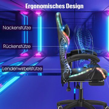 WILGOON Gaming-Stuhl Gaming Chair mit RGB-LEDs, verstellbarer Rücklehne mit Fußstütze, Bürostuhl Massage Lendenkissen, Ergonomischer Gamer Stuhl, bis 150kg