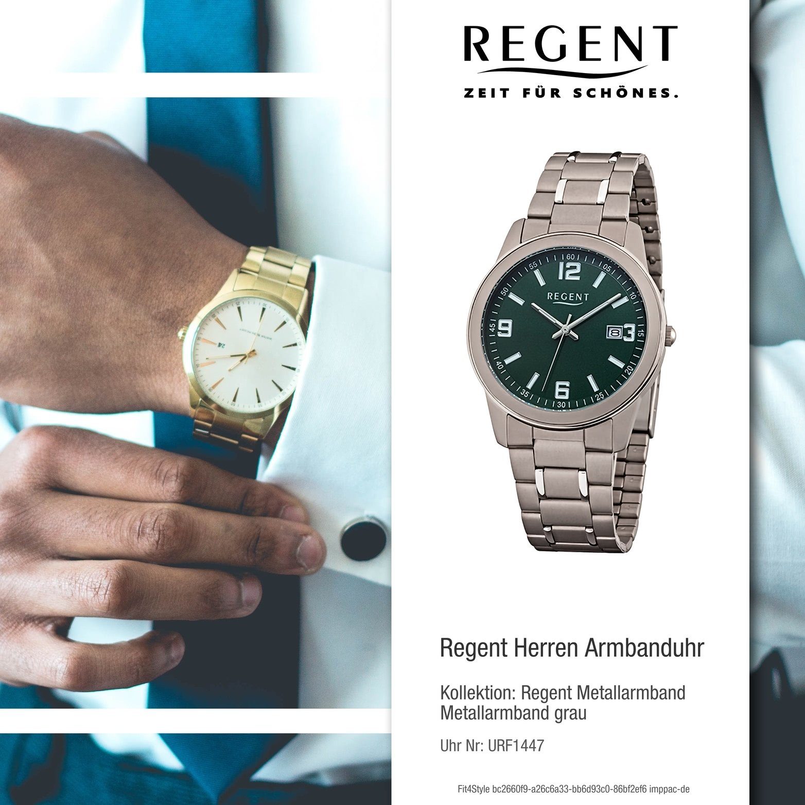 Analog, Gehäuse, silber, Regent 38mm) Armbanduhr Metallarmband (ca. rundes Herrenuhr Herren groß grau, Regent Quarzuhr