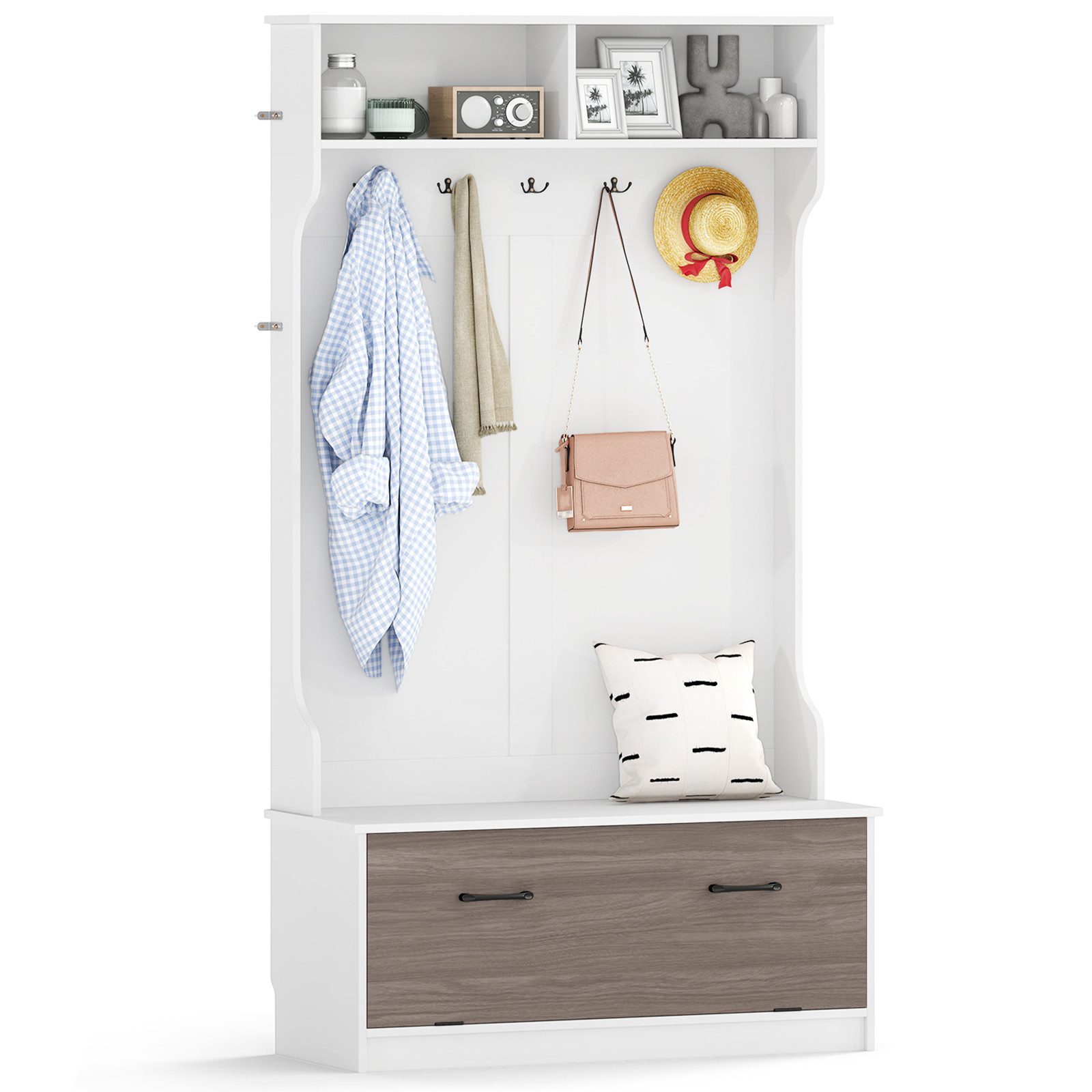 COSTWAY Kleiderständer Garderobenständer Holz mit Schuhschrank, 5 Haken, 100x40x180cm