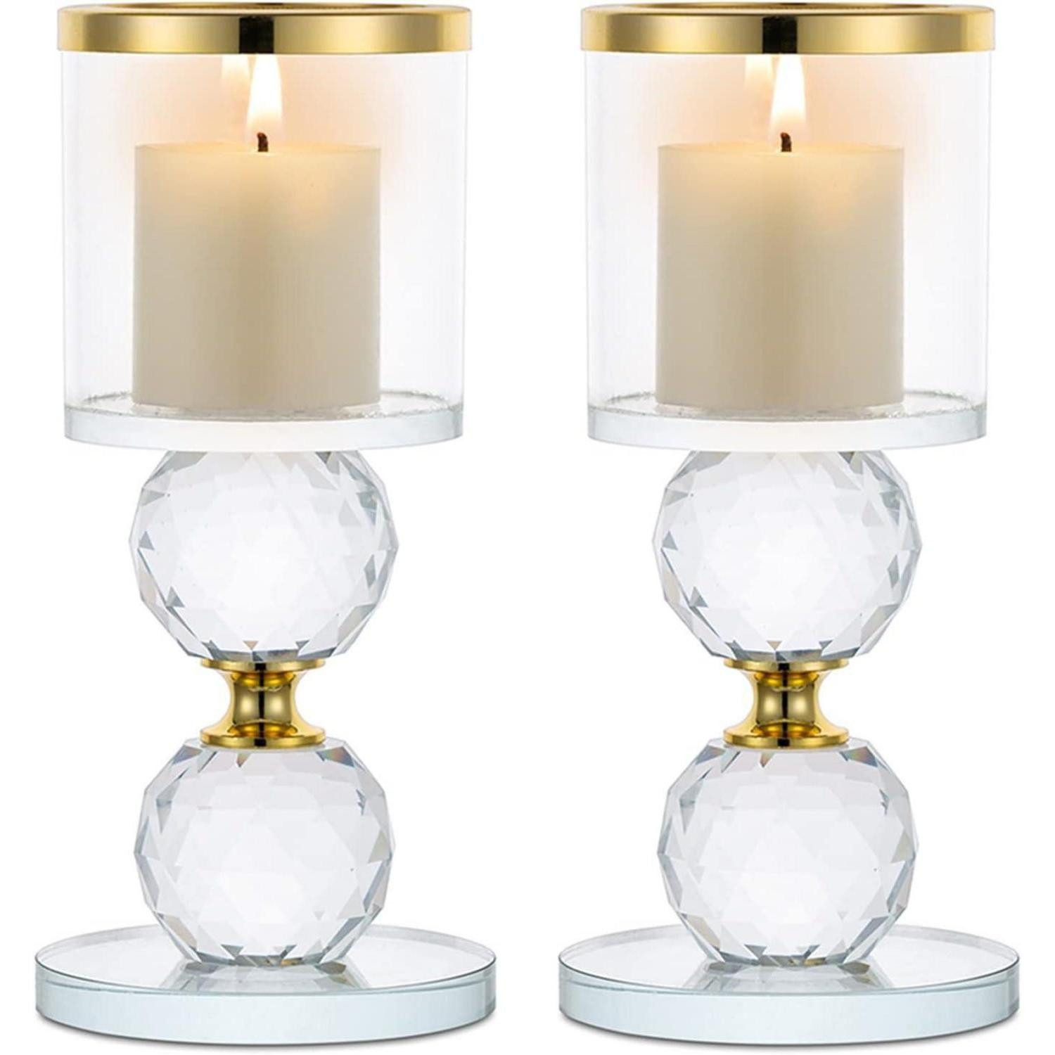 LuxusKollektion Tischkerzenhalter Kerzenständer Kristall Set Kerzenhalter Glas Hochzeit Groß x 2 Gold