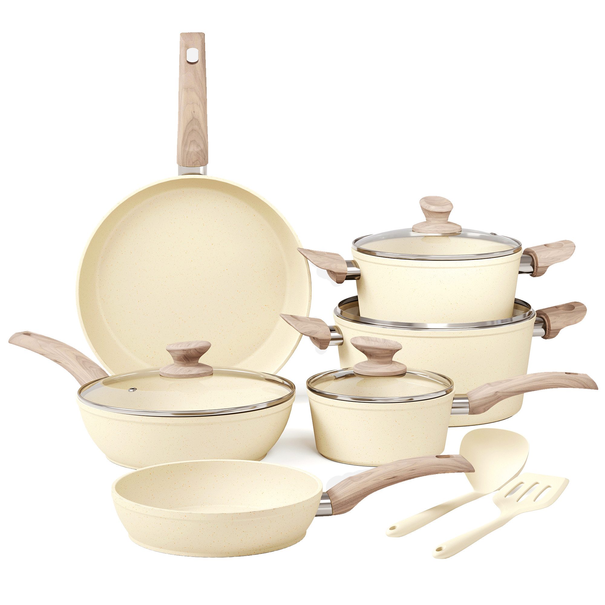 Kitchen Academy Topf-Set, Aluminium, Granit (12-tlg, Pfanne 20cm/28cm, Bratpfanne mit Deckel 24cm, Stielkasserolle mit Deckel 17cm/20cm/24cm, 2 Silikonspatel), Induktion Töpfe Set 12-teilige Granit Kochtöpfe Set