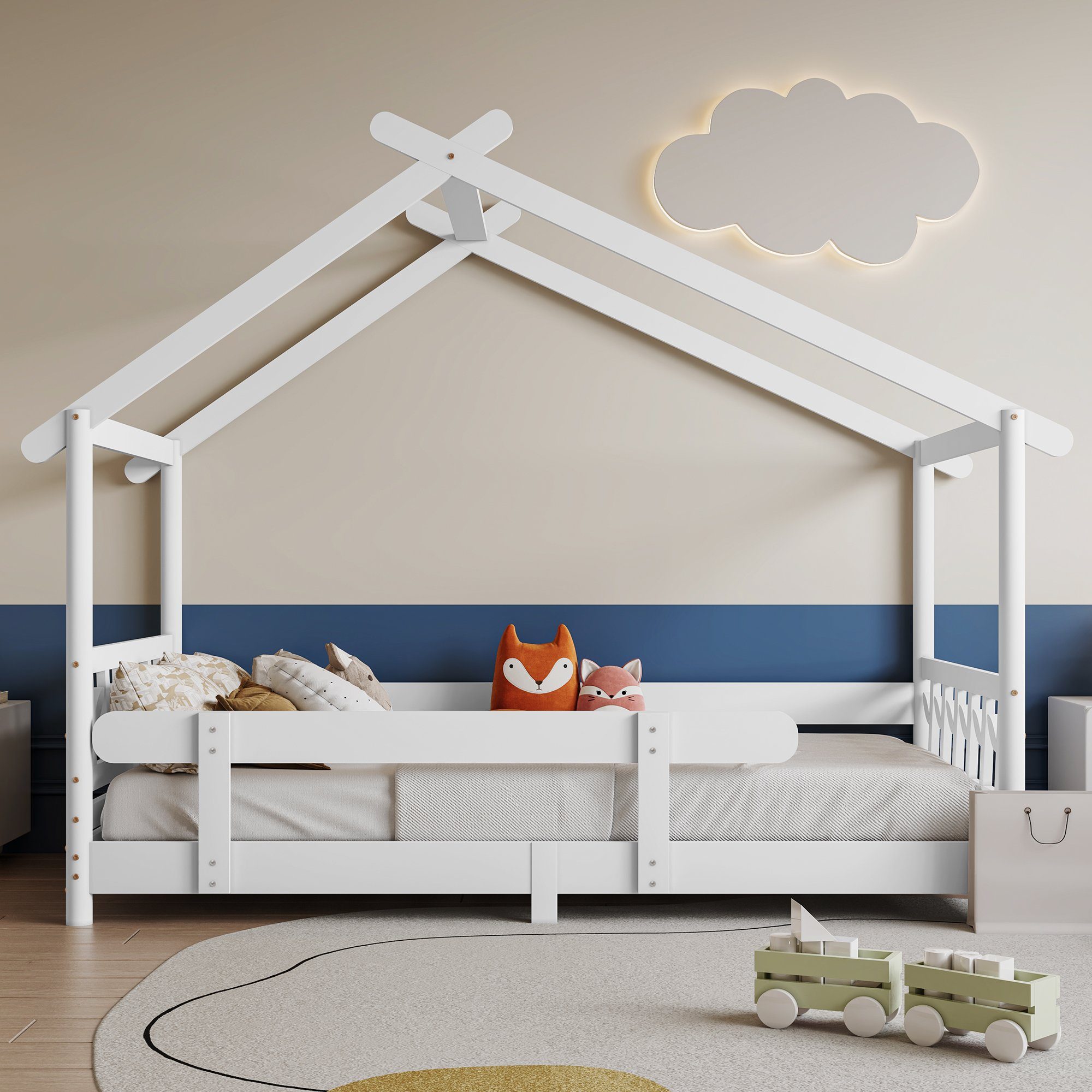 Sweiko Kinderbett, Hausbett mit Gitter, Lattenrost und Rausfallschutz,  90*190cm