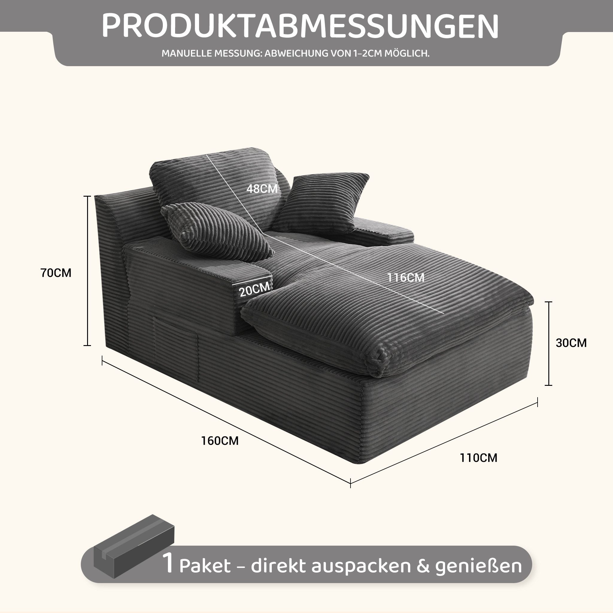 LITBIRD Chaiselongue 160 cm Loungesofa, Boneless Bodensofa & Schlafsofa mit Schlaffunktion, 1 Teile, Platzsparendes Cloud Sofa mit Armlehnen für Wohnzimmer
