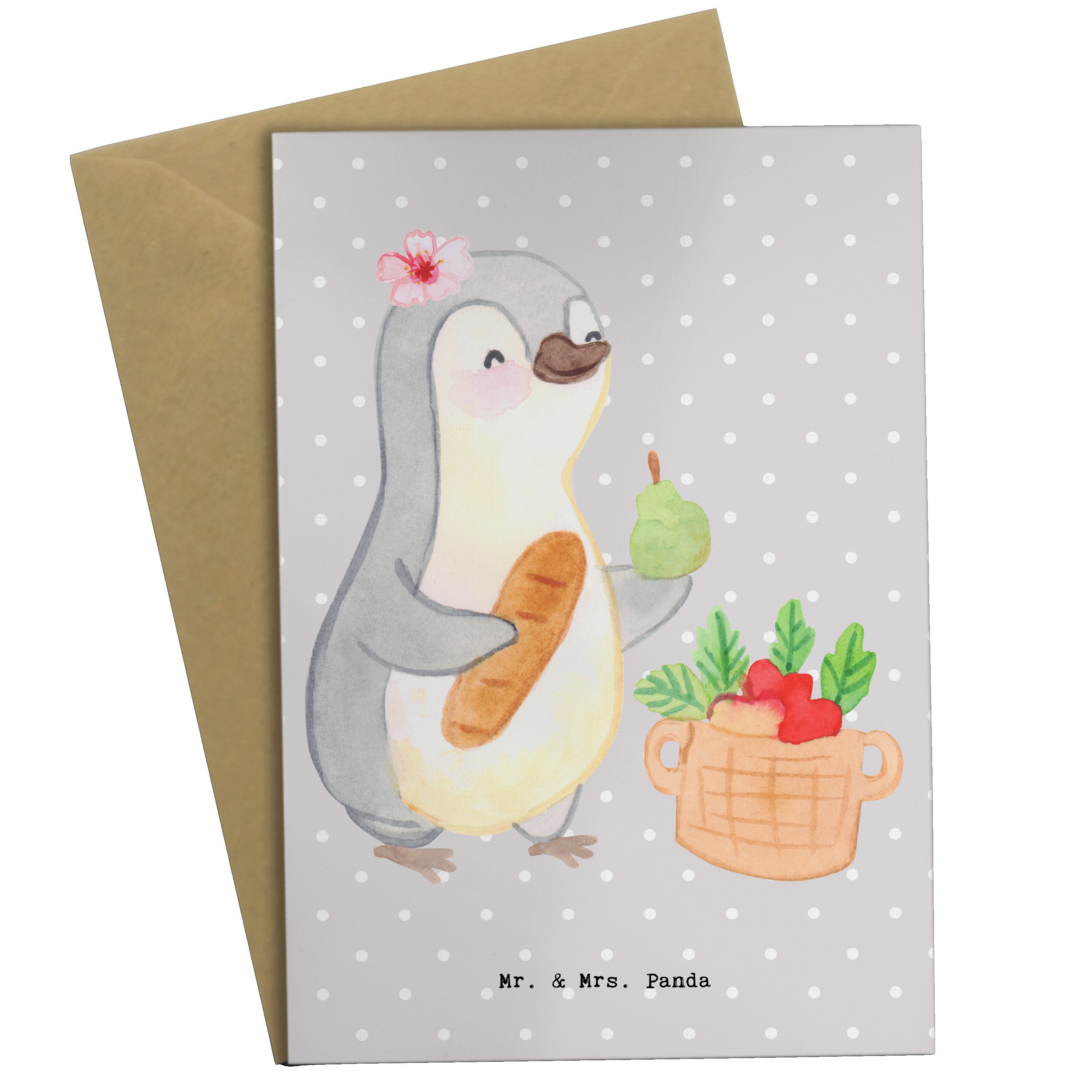 Mr. & Mrs. Panda Grußkarte Obsthändlerin Herz - Grau Pastell - Geschenk, Kollege, Obst- und Gemü, Hochwertiger Karton