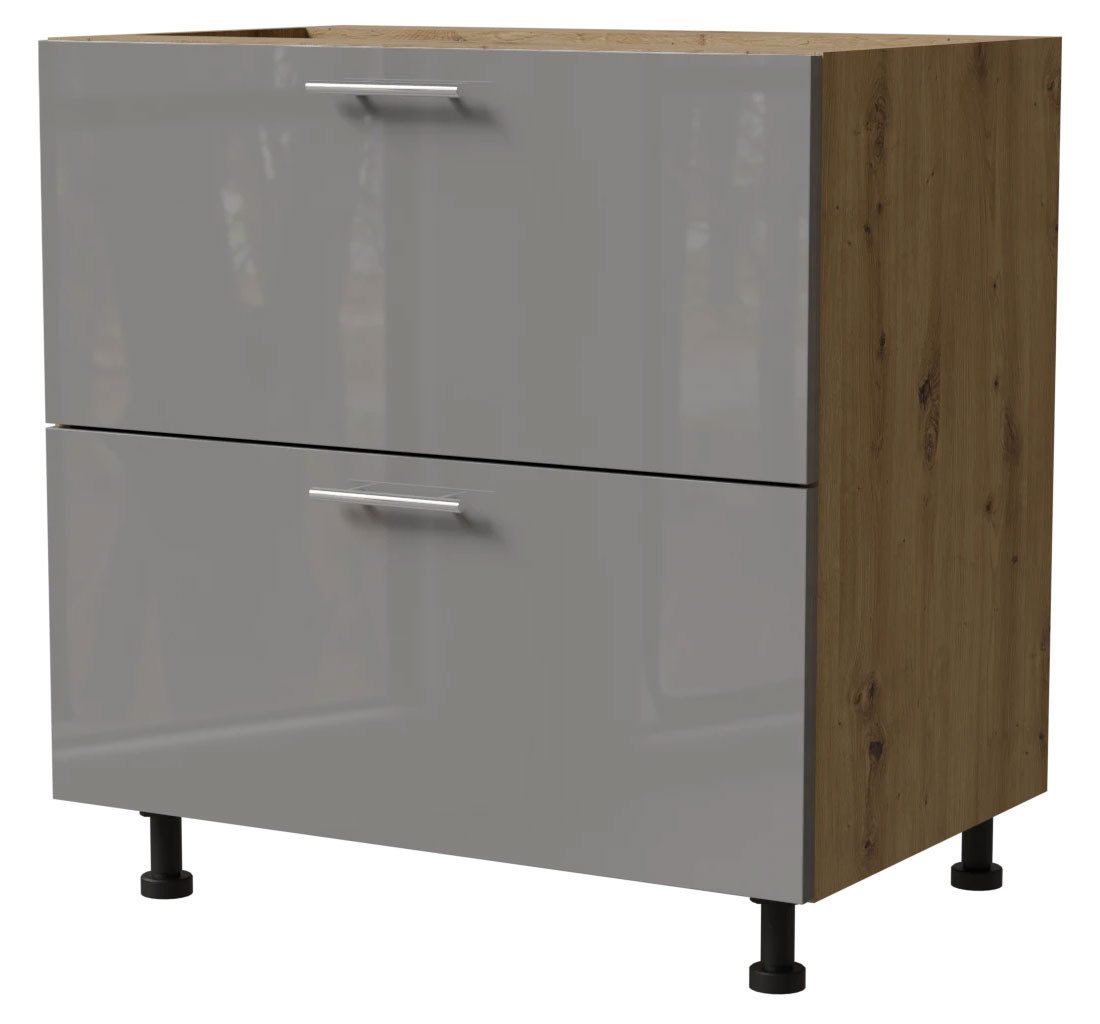 Feldmann-Wohnen Auszugsunterschrank Essen (D2A/80/1A, 2 Schubladen + Innenschublade, HETTICH InnoTech Atira, 1-St., moderne Optik, lackierte Fronten) 80x50x82cm Eiche Artisan - grau Hochglanz (ES-D2A/80/1A)