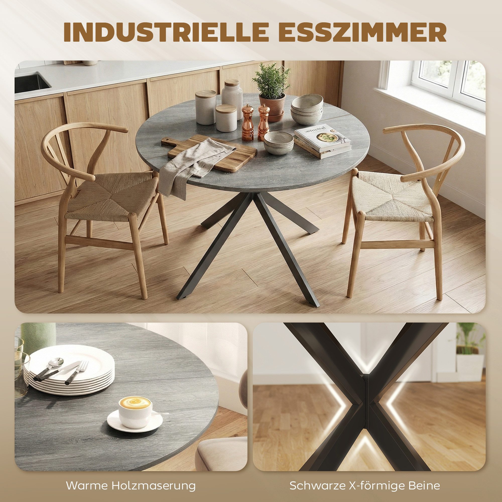 HOMCOM Esstisch Küchentisch im Industriestil mit Stahlbeinen für 4 Personen (für Esszimmer, Küche, Wohnzimmer, 1-St., rund, 100 x 100 x 75 cm), Grau – Bild 4 von 5
