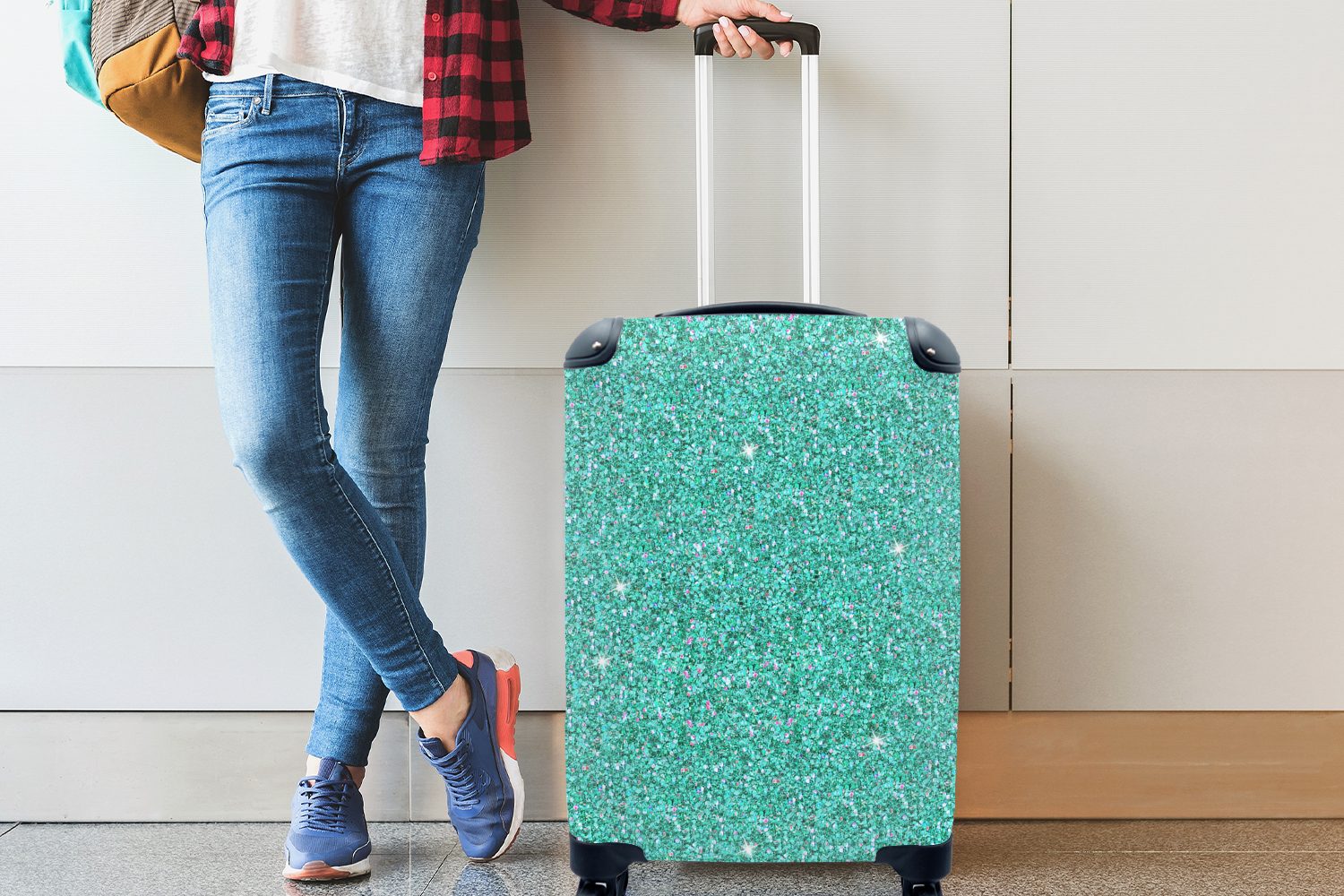 MuchoWow Handgepäckkoffer Geburtsstein - Türkis - Fische - Muster, 4 Rollen, Reisetasche mit rollen, Handgepäck für Ferien, Trolley, Reisekoffer