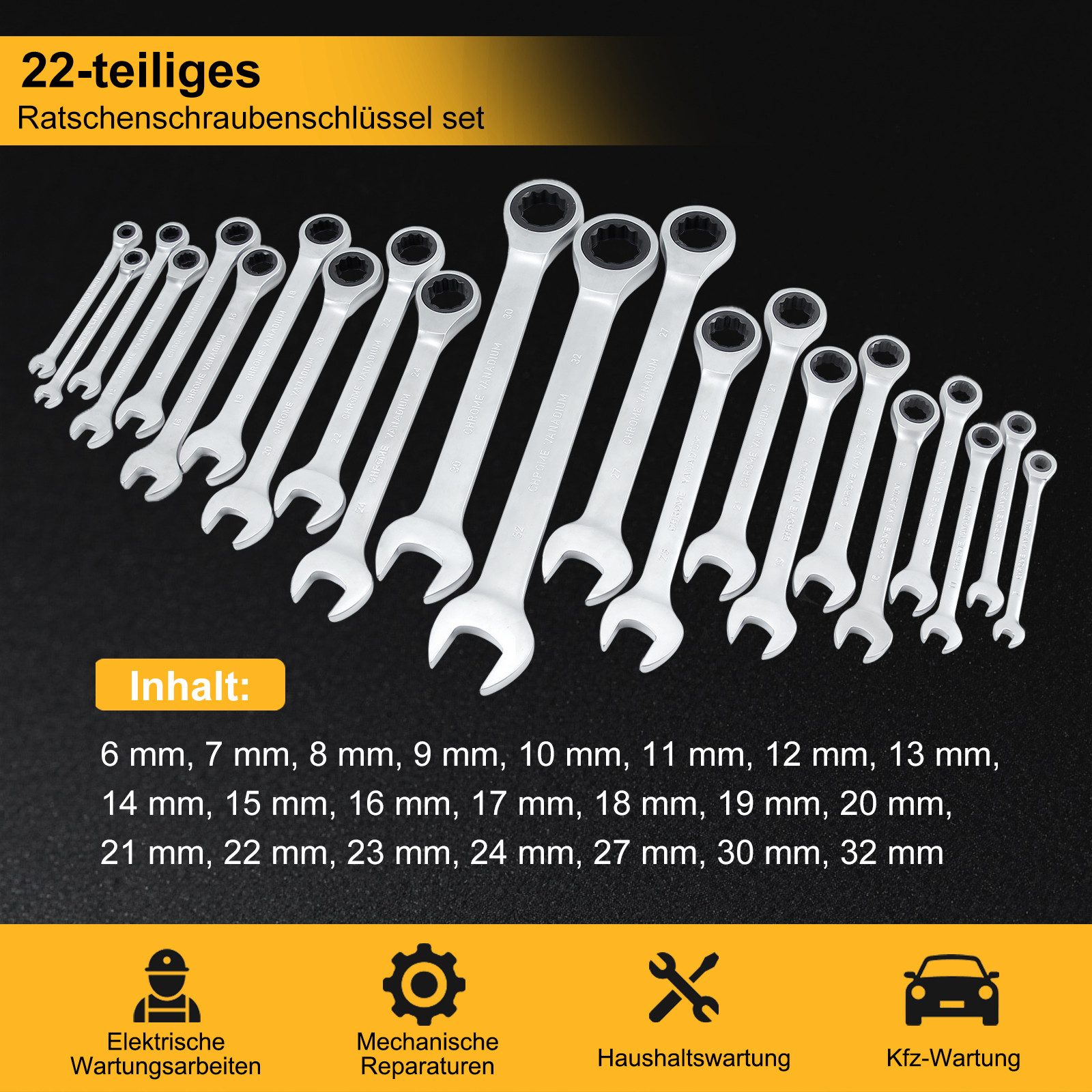 Walter Stahl Germany control Ringschlüssel 22-tlg. Ratschenschlüssel-Sets, 6-32mm (Set, 22 St., 22-teiliger Ratschenschlüssel-Sets), 72-Zahn-Zahnradantrieb, 5°Schwenkbereich